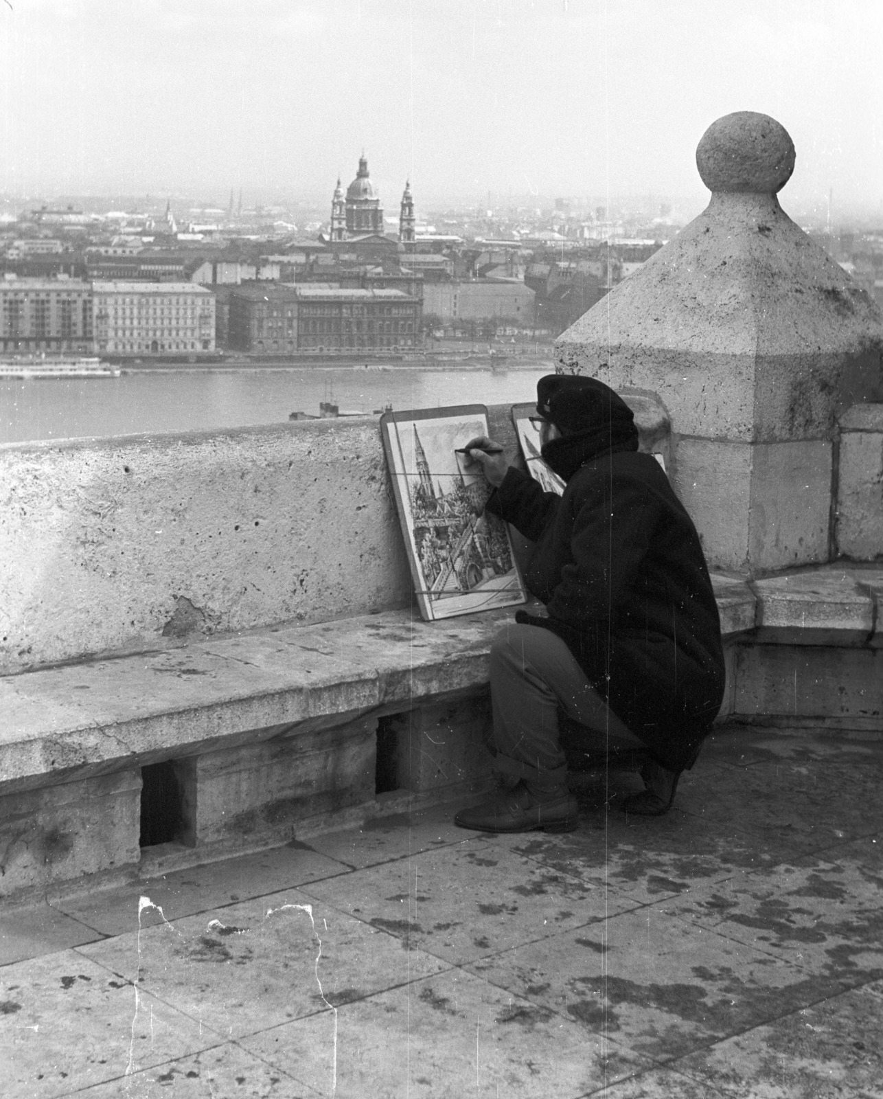 Hungary, Halászbástya, Budapest I., háttérben a Bazilika., 1971, Nagy Gyula, picture, painting, Frigyes Schulek-design, painter, Budapest, Fortepan #50202