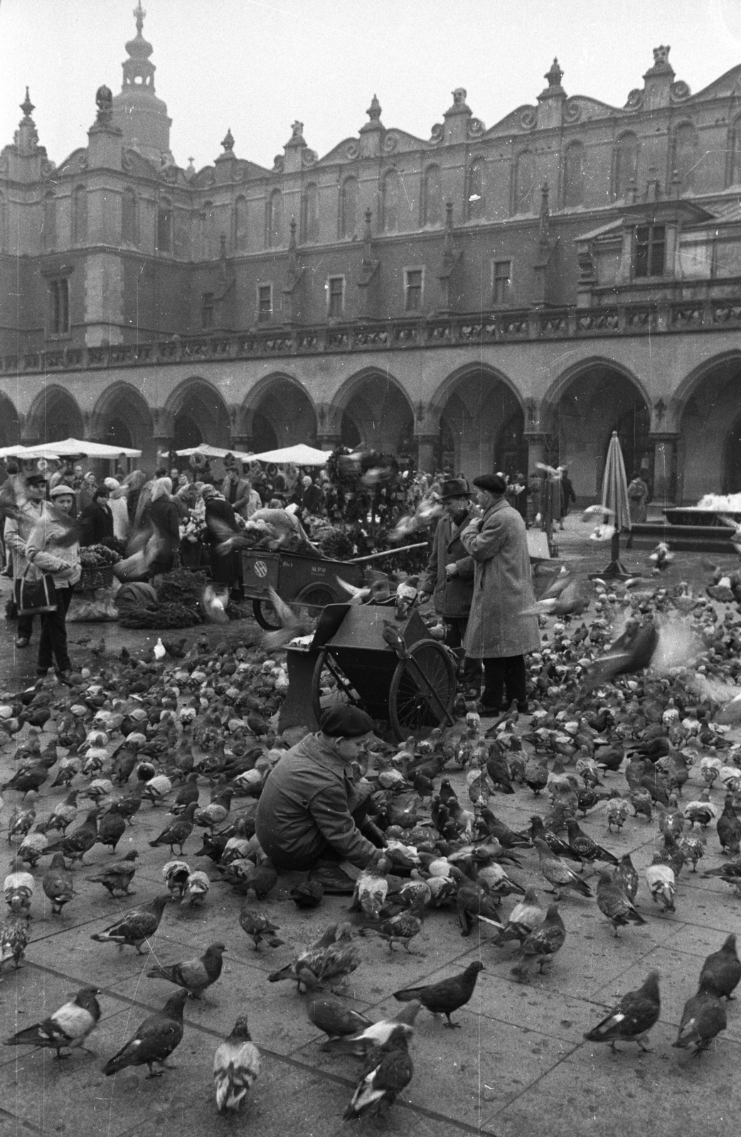 Lengyelország, Krakkó, Rynek Glówny a város főtere, Posztócsarnok (Sukiennice)., 1962, Nagy Gyula, galamb, neogótika, reneszánsz, vásárcsarnok, madáretetés, világörökség, csúcsív, Fortepan #50508