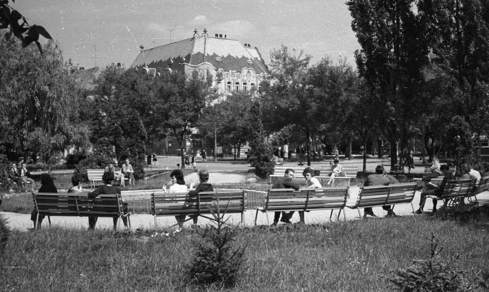 Magyarország, Kecskemét, Szabadság tér, háttérben a Cifra-palota., 1963, Nagy Gyula, utcabútor, szecesszió, pad, Márkus Géza-terv, Fortepan #50577