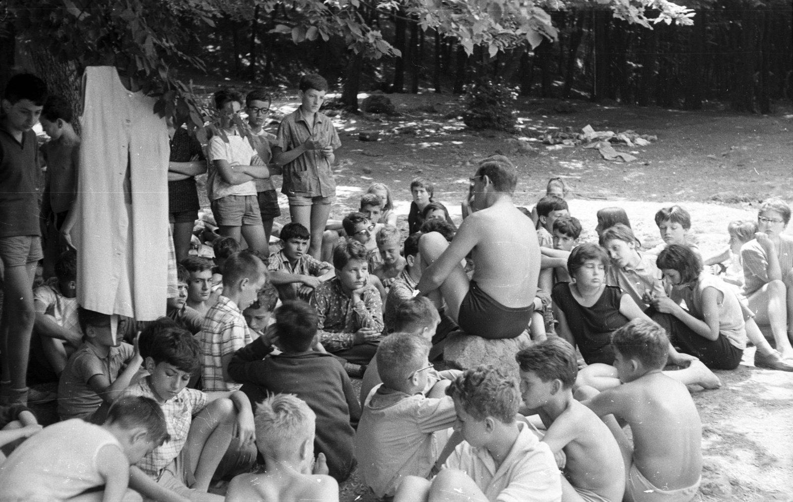 1964, Nagy Gyula, woods, bathing suit, holiday, summer, kids, man, boys, rock, girl, glade, sitting on a rock, Fortepan #50637