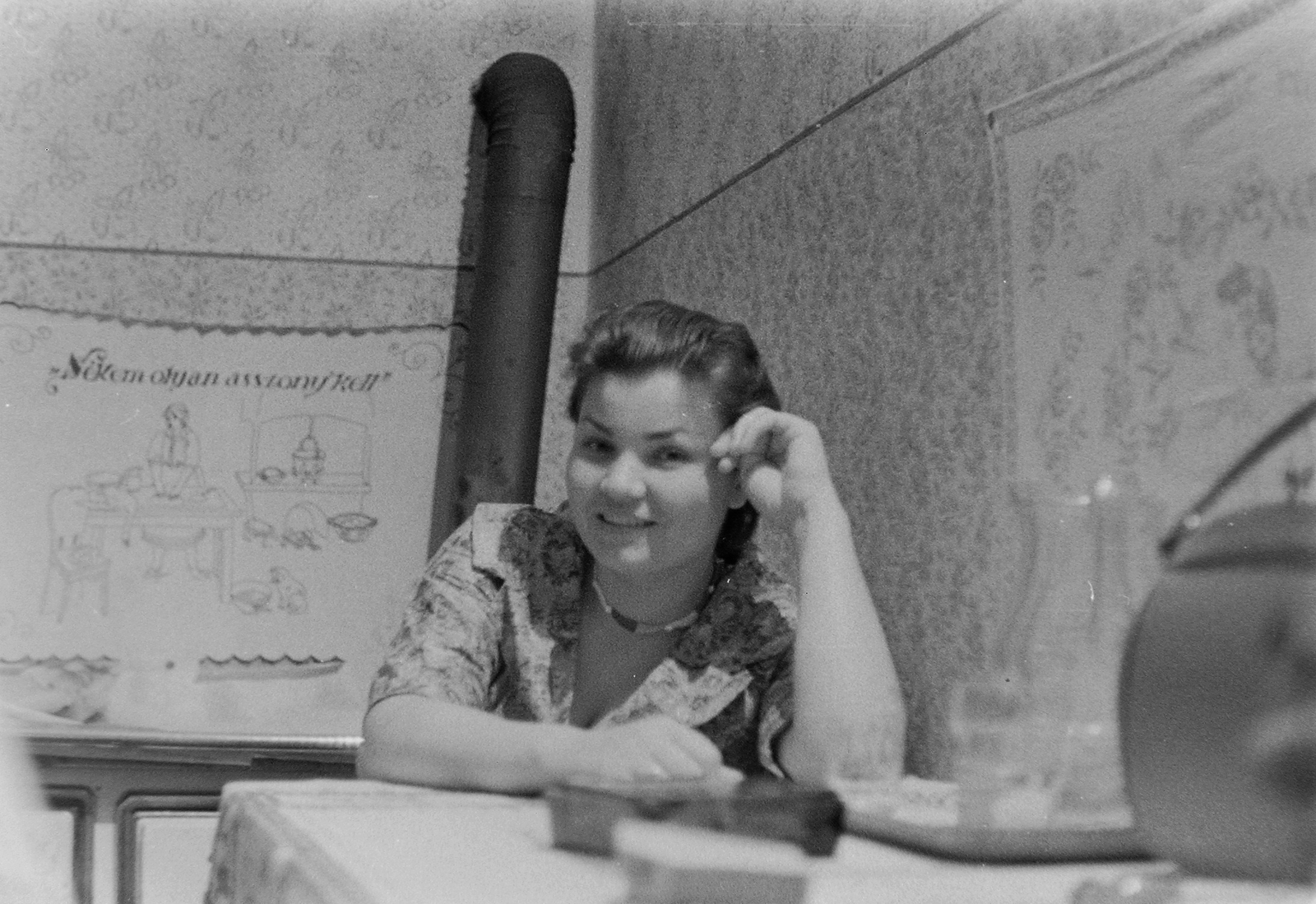 1955, Fortepan, falvédő, fejtámasztás, kályhacső, mosoly, Fortepan #5100