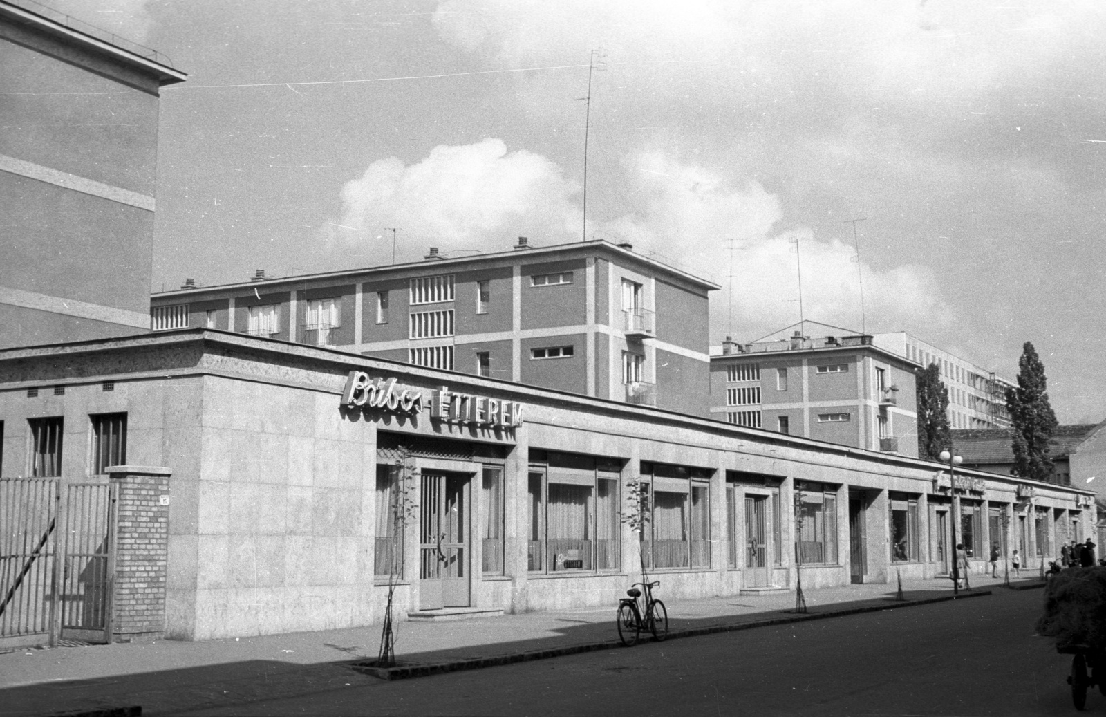 Hungary, Szeged, Mérey utca., 1961, Nagy Gyula, bicycle, street view, restaurant, lamp post, Fortepan #51040