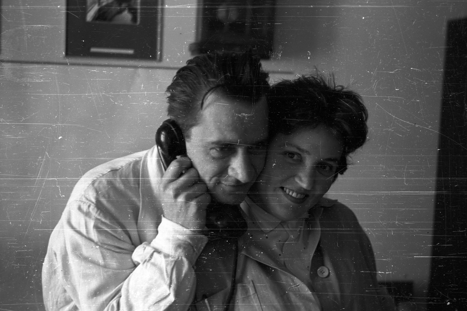 Hungary, Budapest V., Széchenyi rakpart 8. a MÁV Vasúttervező Üzemi Vállalat irodája., 1959, Nagy Gyula, telephone, man and woman, Budapest, Fortepan #51229