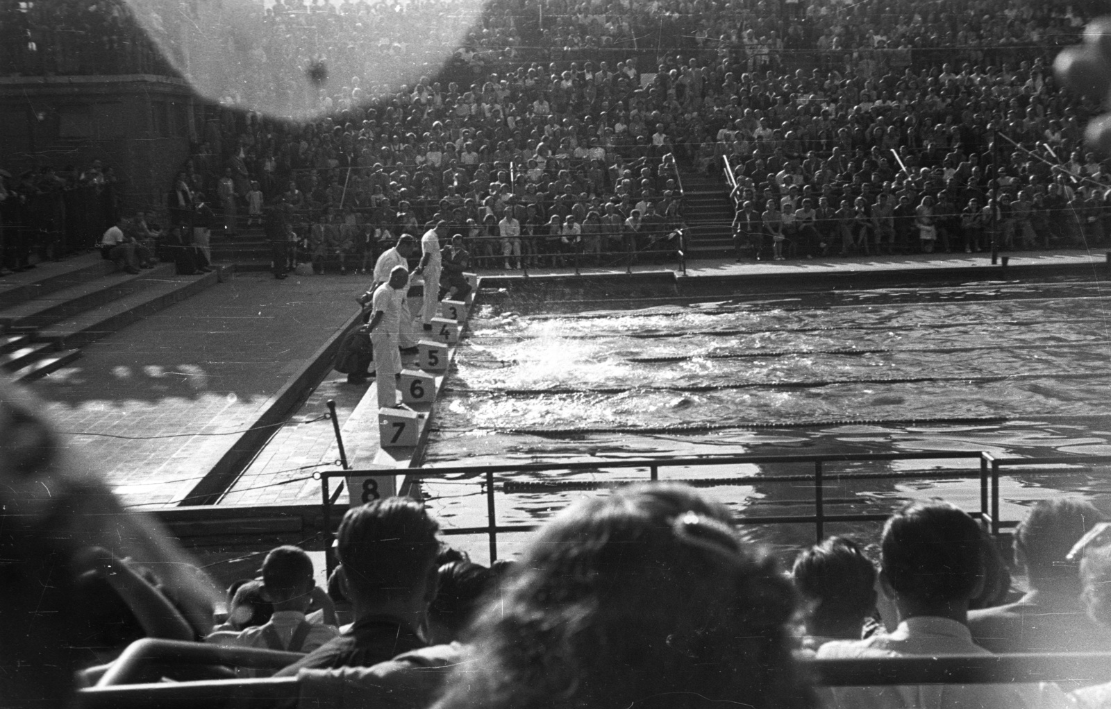 Hungary, Margit Islands, Budapest, Hajós Alfréd Nemzeti Sportuszoda., 1953, Nagy Gyula, swimming pool, referee, starting block, Fortepan #51940
