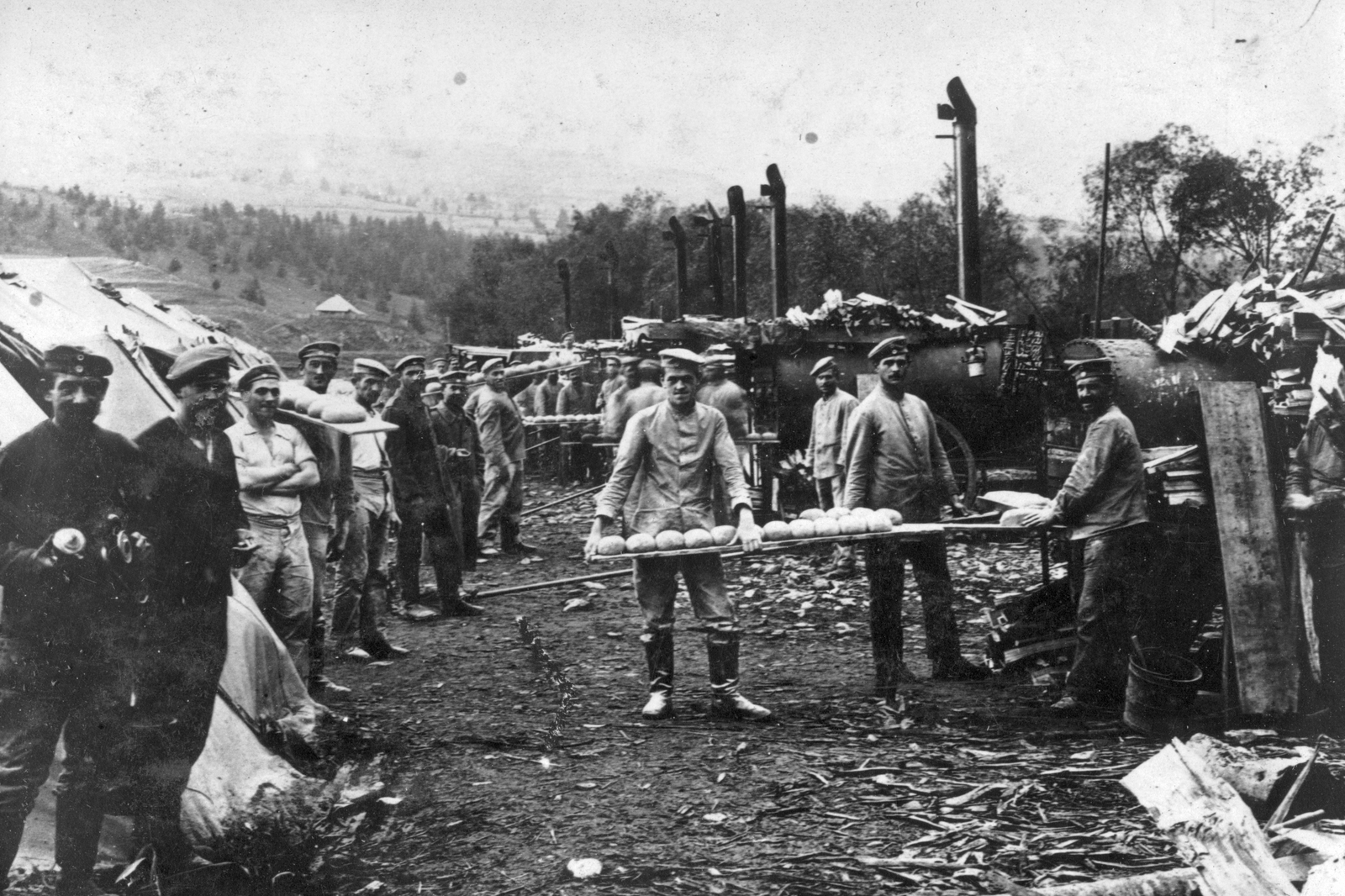 Német pékek., 1915, Komlós Péter, First World War, goulash cannon, bakery, Fortepan #52242