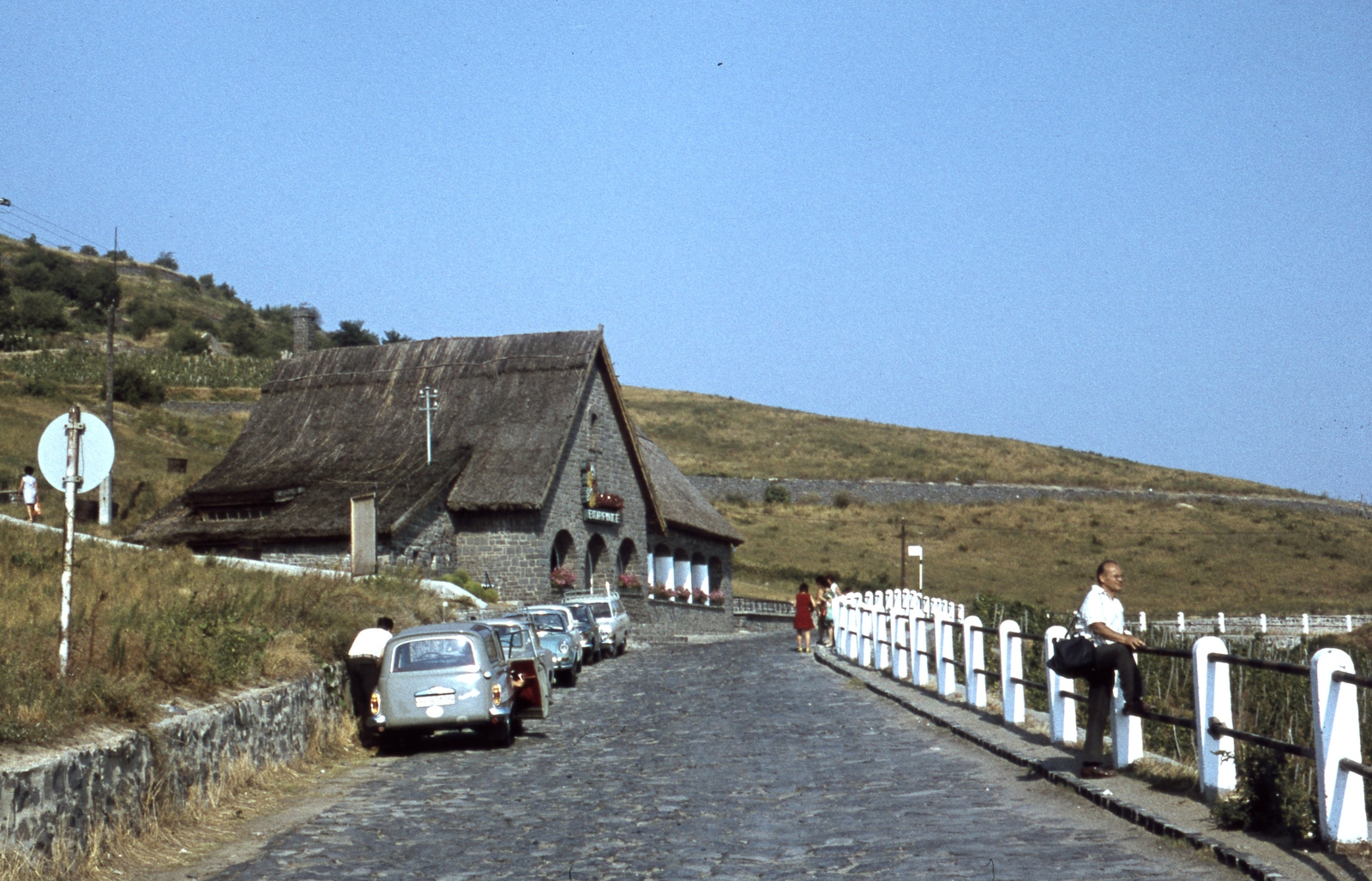 Hungary,Lake Balaton, Badacsonytomaj, Bormúzeum., 1972, Balázs Lajos, colorful, German brand, railing, Wartburg-brand, thatch roof, automobile, Fortepan #53364
