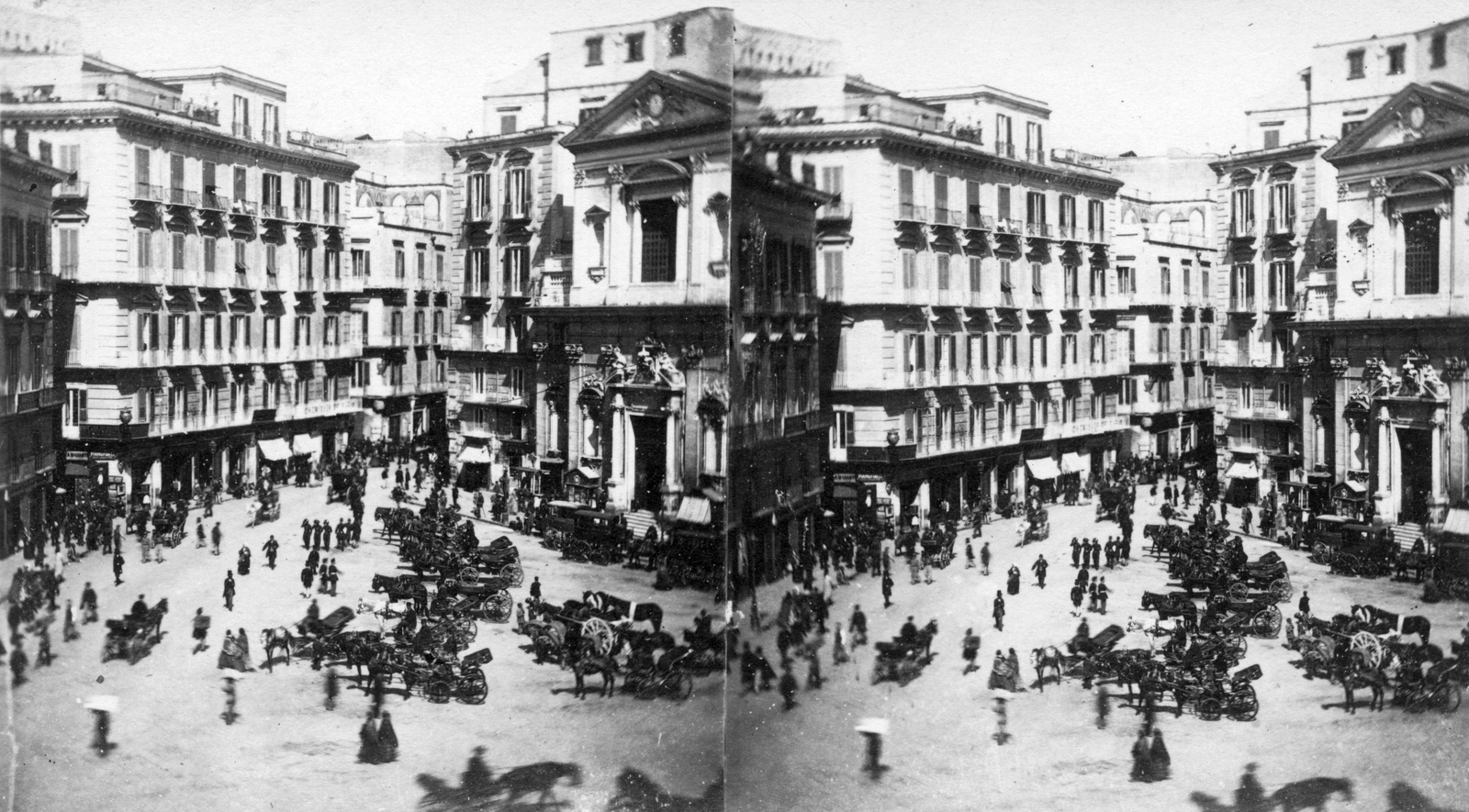 Italy, Naples, Piazza Trieste e Trento, jobbra a San Ferdinando templom., 1900, Fortepan, carriage, street view, coach, stereophoto, cab-horse, Fortepan #53453