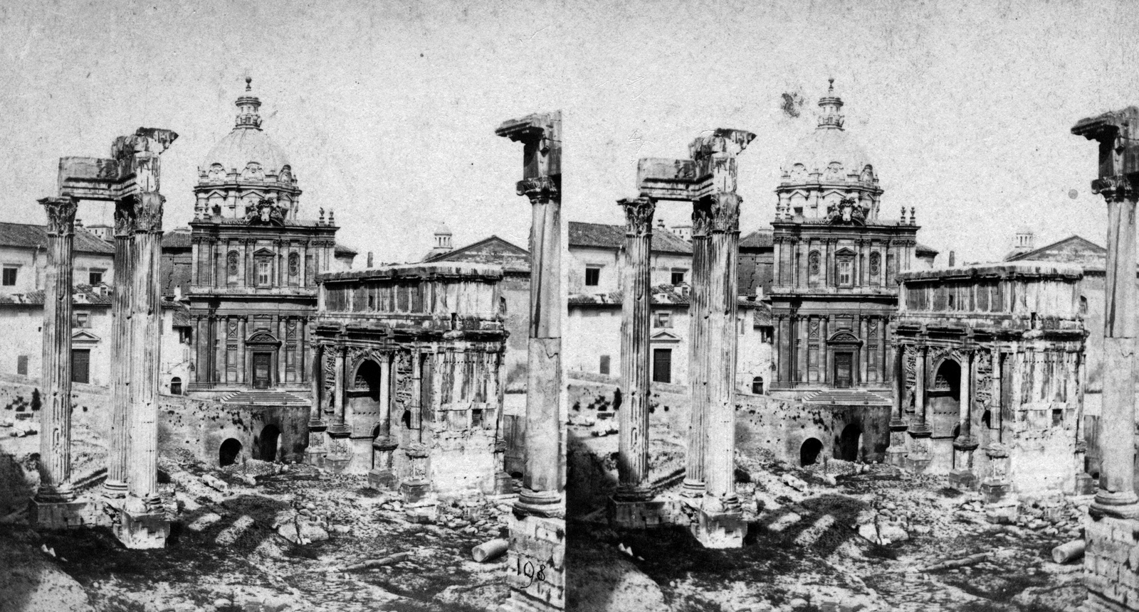 Italy, Rome, Forum Romanum, középen Septimius Severus diadalíve, távolabb a Chiesa dei Santi Luca e Martina., 1900, Fortepan, ancient culture, pillar, stereophoto, triumphal arch, Fortepan #53465