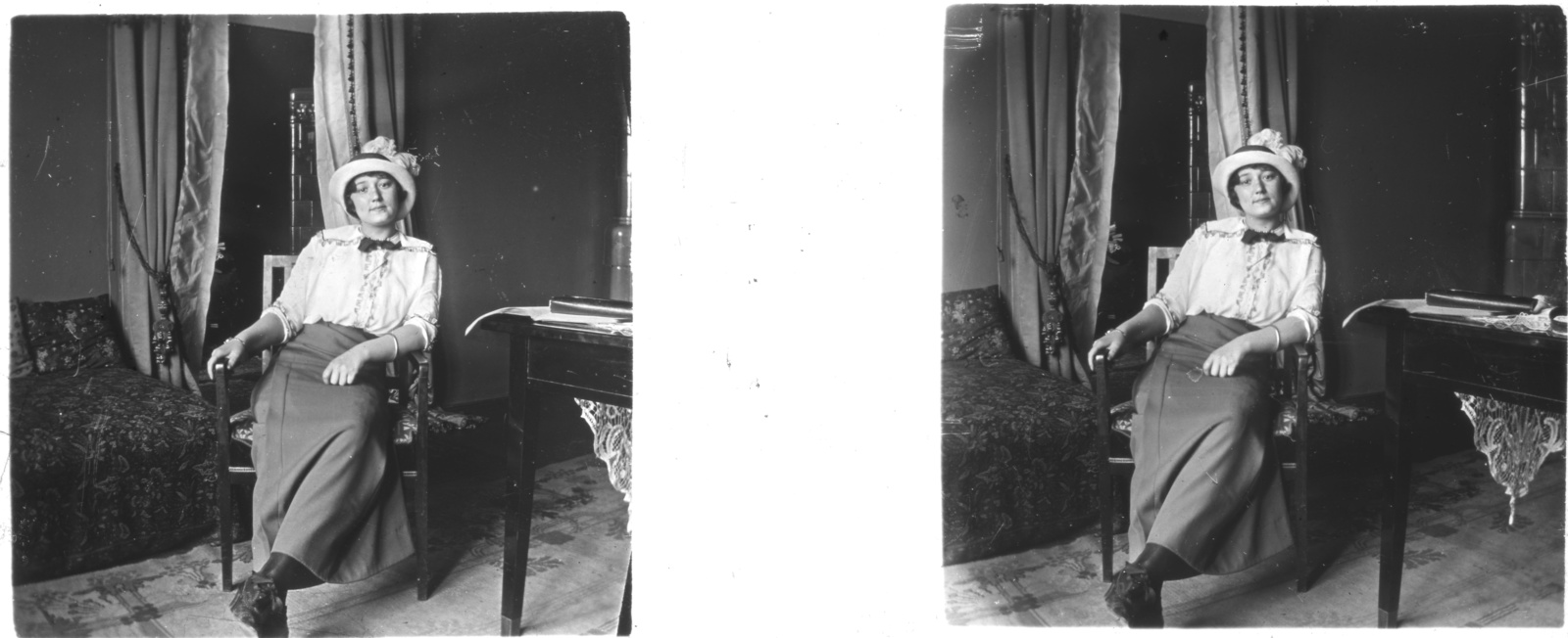 1913, Hetényi Zsuzsa, portrait, hat, furniture, interior, lady, skirt, arm chair, stereophoto, stretched legs, Fortepan #53500