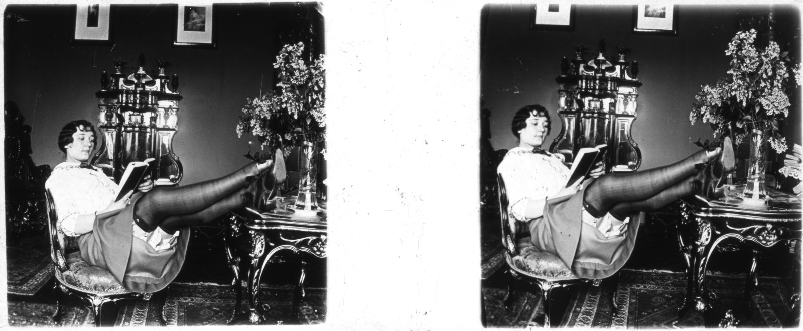 1913, Hetényi Zsuzsa, portrait, shoe, reading, furniture, lingerie, erotica, flower, interior, table, chair, posture, wall picture, lady, skirt, vase, stereophoto, stretched legs, legs on a table, Fortepan #53506