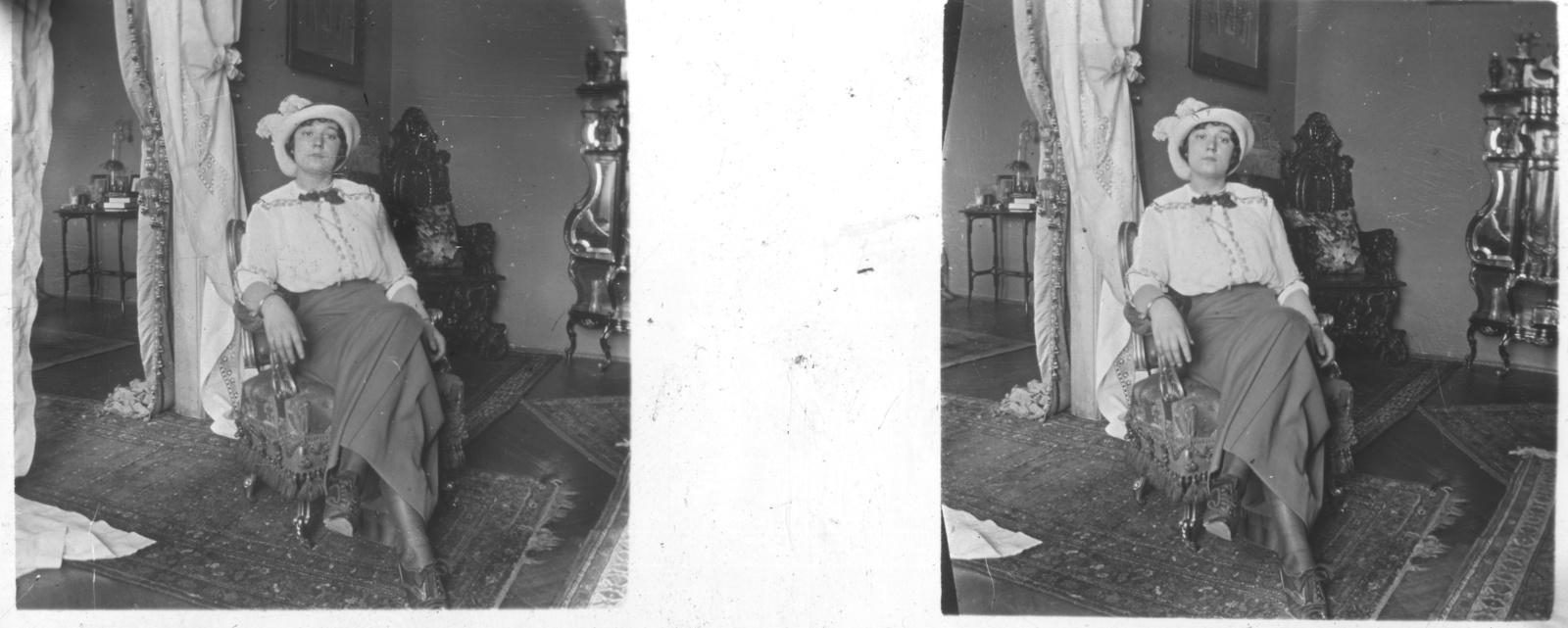 1913, Hetényi Zsuzsa, portrait, hat, furniture, interior, lady, skirt, arm chair, stereophoto, leg over leg, Fortepan #53508