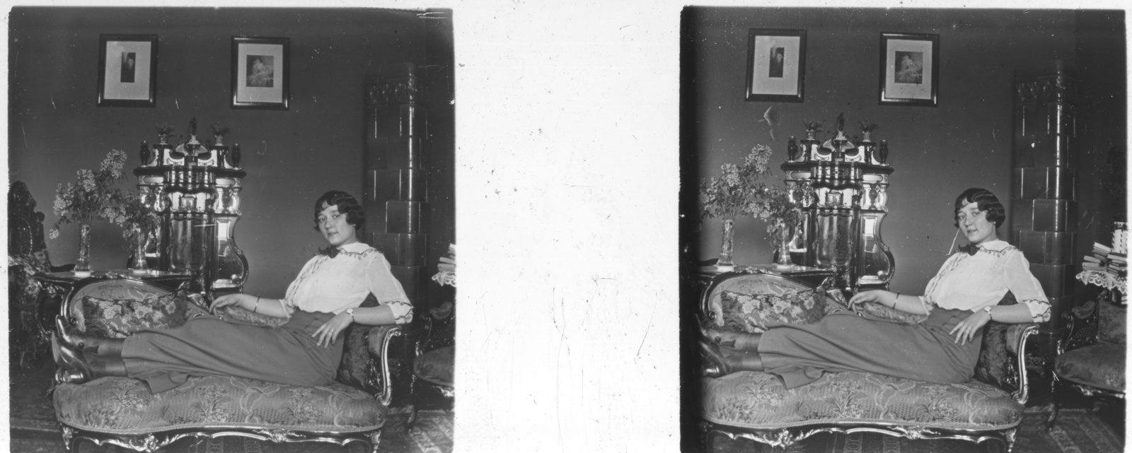 1913, Hetényi Zsuzsa, portrait, tile stove, furniture, wrist watch, interior, wall picture, lady, skirt, stereophoto, bedstead, prop up on elbows, stretched legs, Fortepan #53510