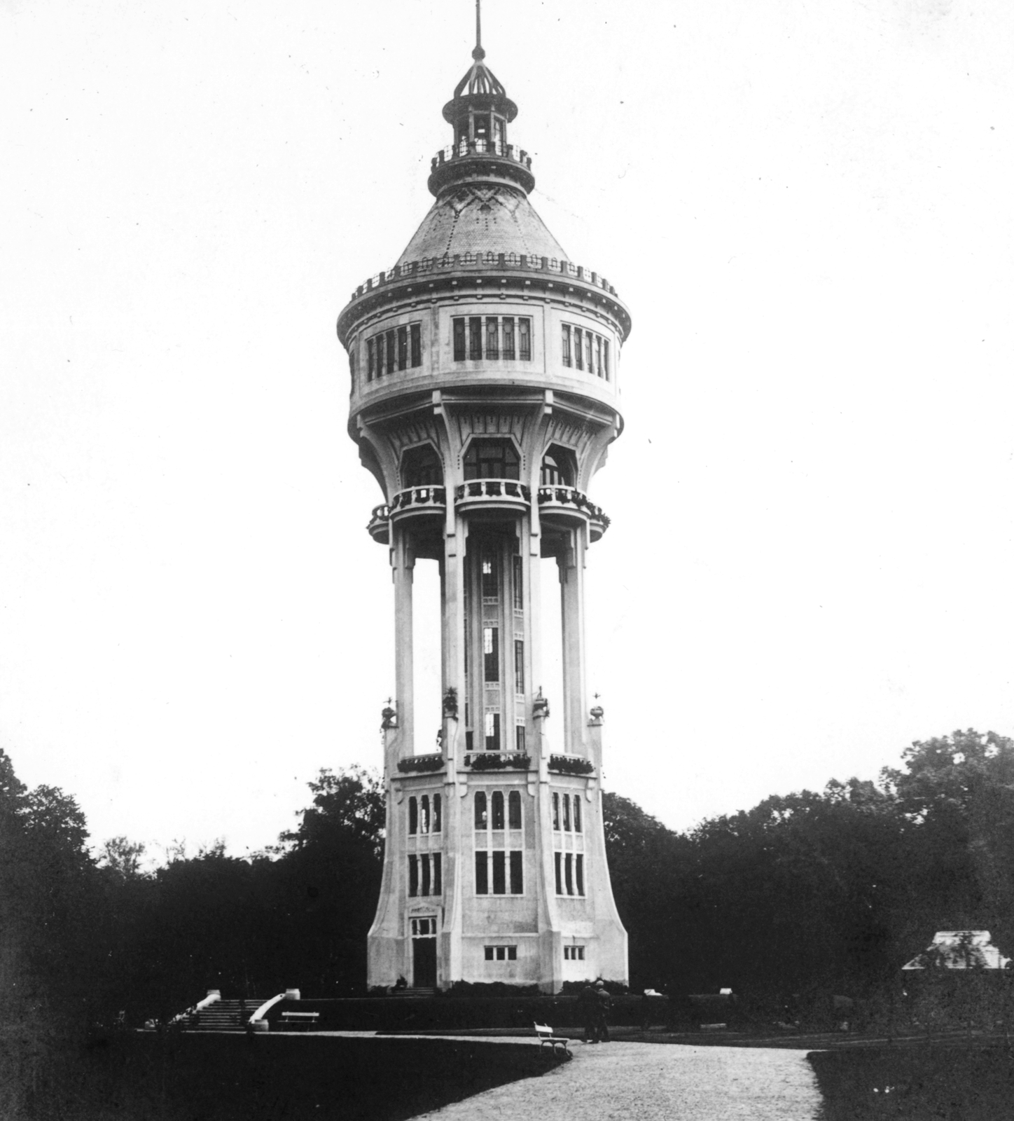 Hungary, Margit Islands, Budapest, Víztorony., 1914, Szabó Lóránt, Secession, water tower, Art Nouveau architecture, Rezső Vilmos Ray-design, Szilárd Zielinski-design, Fortepan #53628