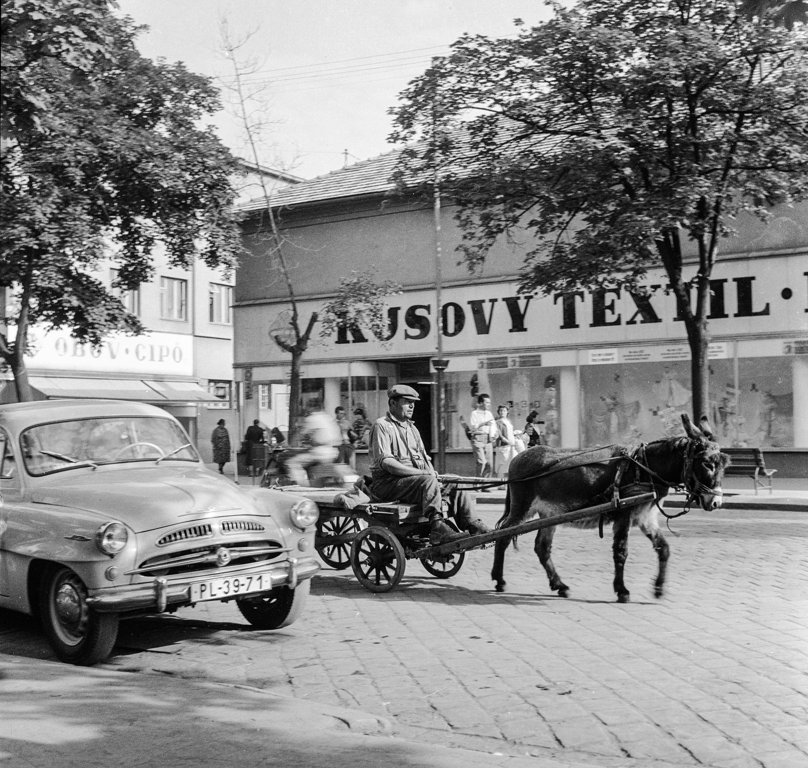 Slovakia, Lučenec, ulica Tomása Garrigue Masaryka, balra az ulica Jána Amosa Komenského torkolata., 1959, Zsanda Zsolt, Vajszada Károly, Czechoslovakia, Skoda-brand, donkey, number plate, shoe store, clothing store, bilingual sign, Fortepan #53766