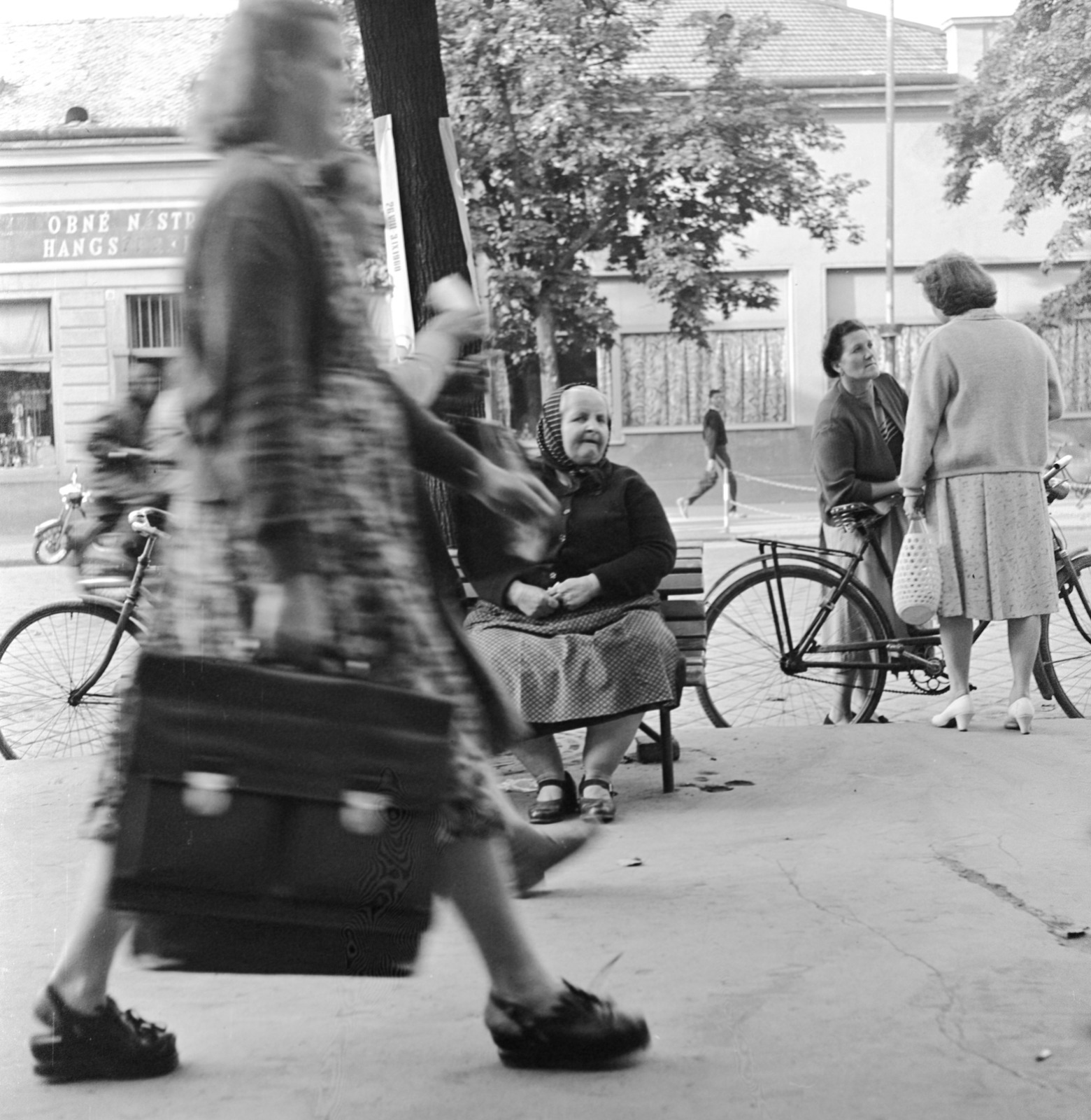 Szlovákia, Losonc, ulica Tomása Garrigue Masaryka., 1960, Zsanda Zsolt, Vajszada Károly, Csehszlovákia, kerékpár, hangszer, üzlet, kétnyelvű felirat, Fortepan #53944