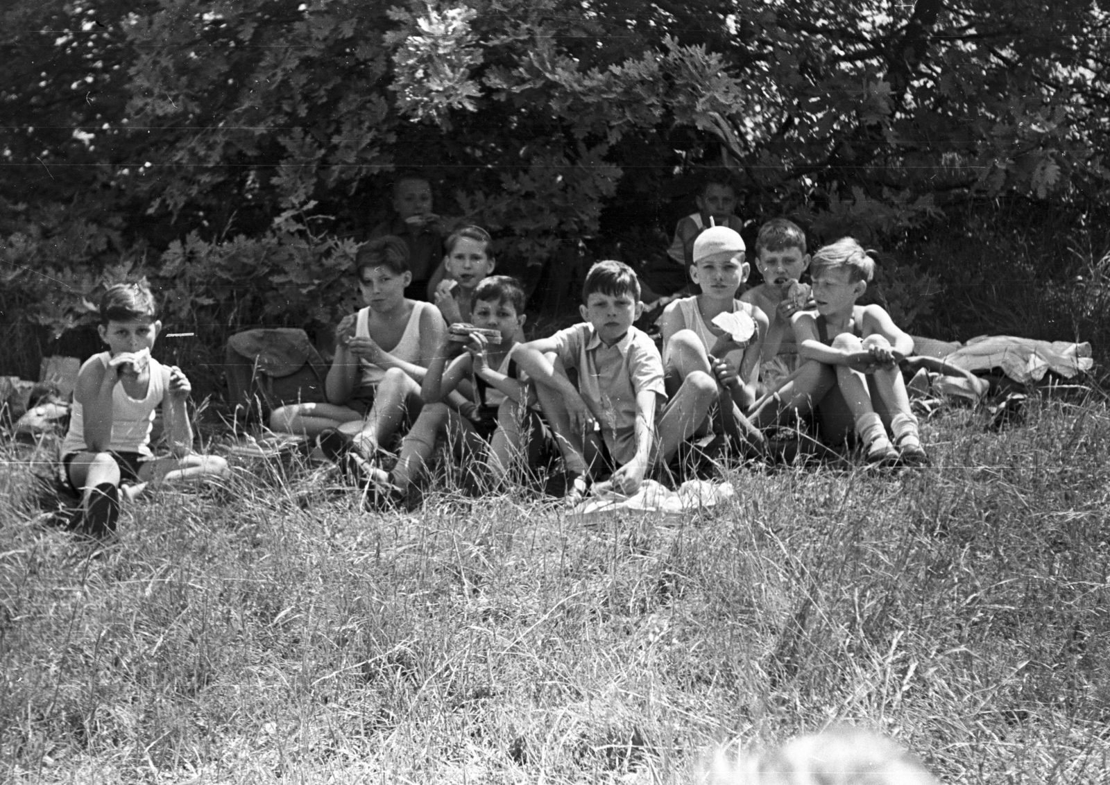 1958, Lencse Zoltán, excursion, boys, sitting on the ground, meal, Fortepan #54518