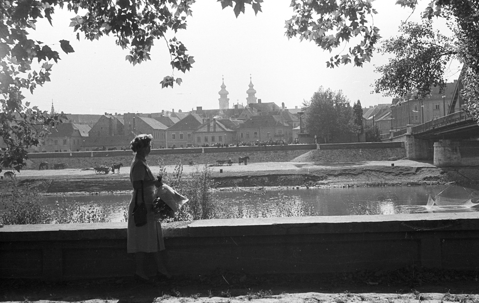 Hungary, Győr, Mosoni-Duna partja a Kossuth hídnál, túlparton a Dunakapu tér házai., 1958, Lencse Zoltán, bridge, József Beke-design, Fortepan #54592