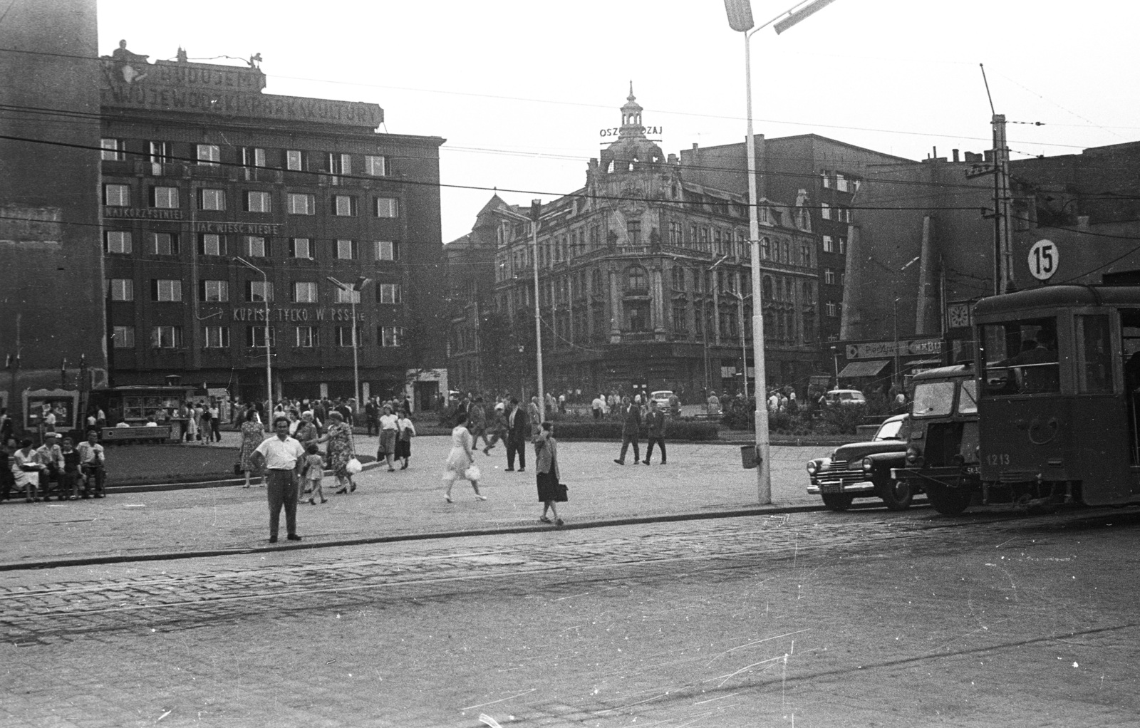 Lengyelország, Katowice, Rynek, szemben az ulica Pocztowa torkolata., 1958, Lencse Zoltán, villamos, viszonylatszám, FSO Warszawa, Fortepan #54766