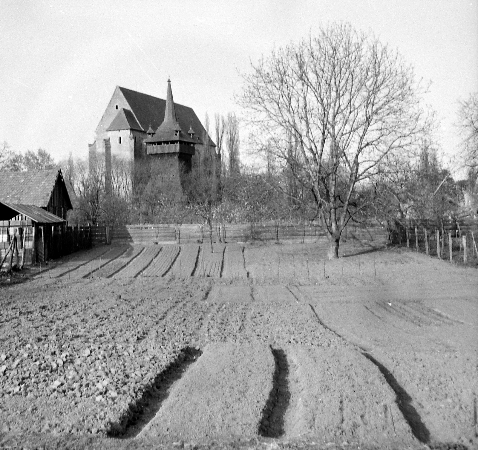 Hungary, Nyírbátor, gótikus református templom, reneszánsz fa harangtoronnyal., 1962, Gyöngyi, garden, yoke, Fortepan #5490