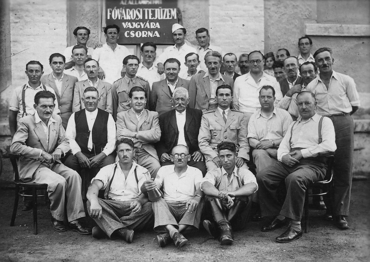 Hungary, Csorna, a Fővárosi Tejüzem vajgyárának dolgozói., 1948, Németh, tableau, milk industry, board, cross-legged sitting, Fortepan #54913