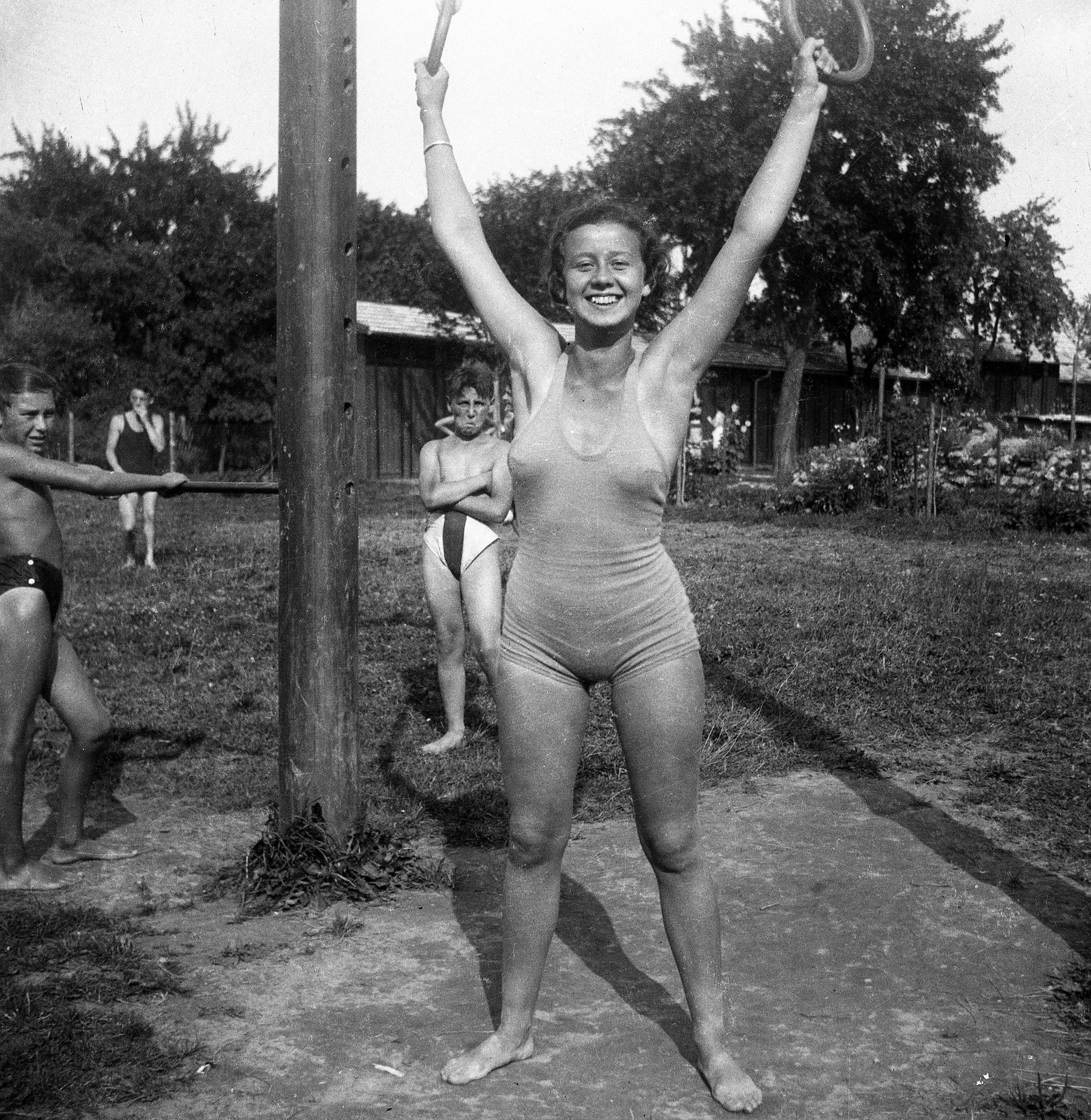 1939, Magyar Bálint, portrait, bathing suit, summer, fun, lady, Exercise Equipment, Fortepan #55471