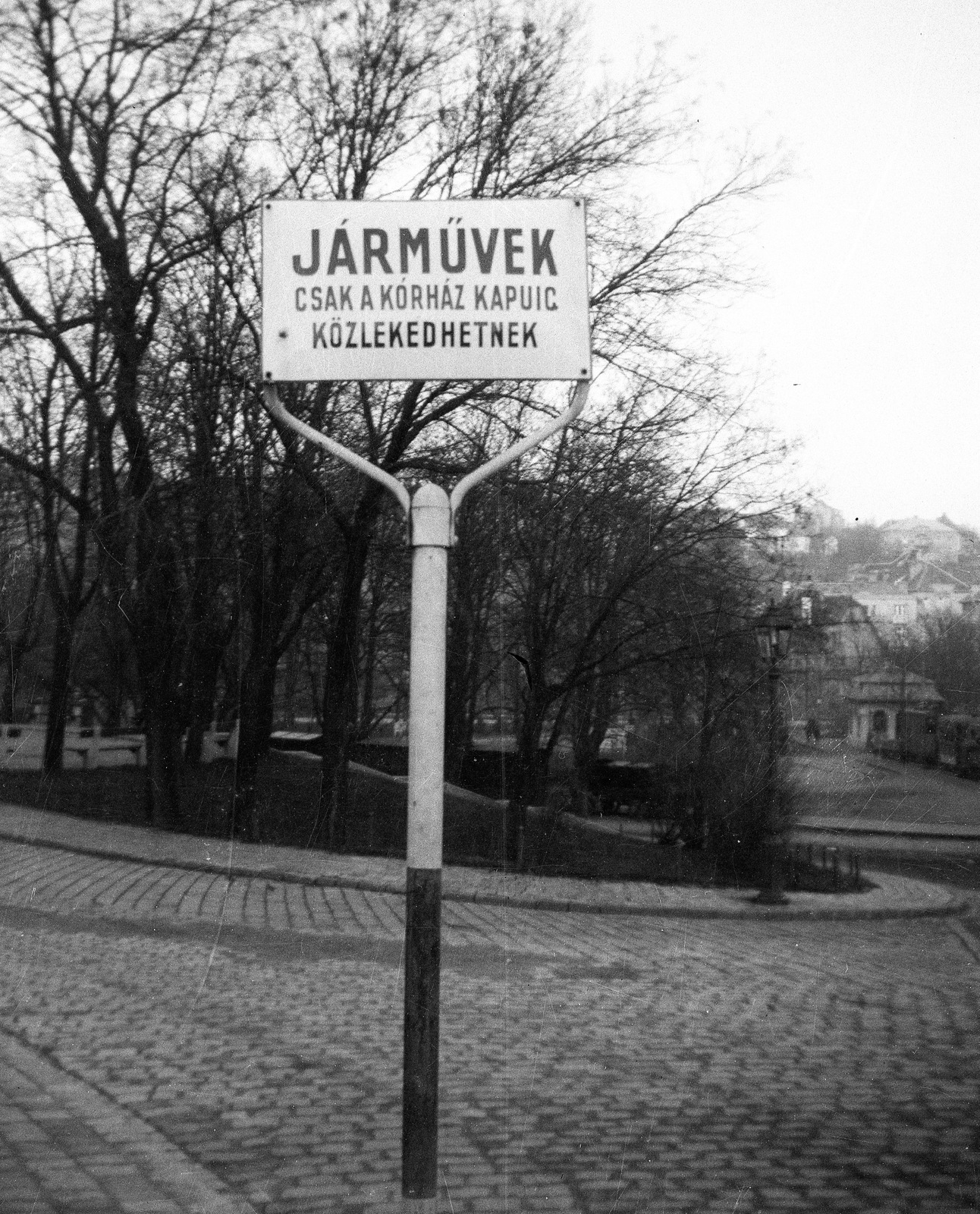 Hungary, Budapest XII., Szent János Kórház főbejáratának Diós árok felőli gépkocsi felhajtója, szemben a villamos-végállomás., 1937, Magyar Bálint, street view, road sign, Budapest, Fortepan #55587