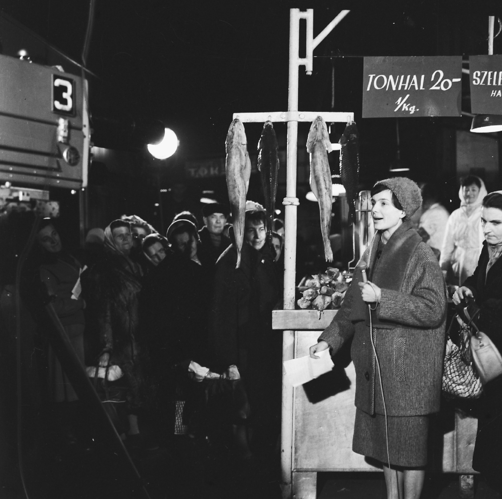 Hungary, Budapest IX., Vámház (Dimitrov) tér, Központi Vásárcsarnok, Molnár Margit az MTV riportere., 1962, Rádió és Televízió Újság, reporter, Hungarian TV, market hall, fish, Budapest, microphone, fish market, Fortepan #56559
