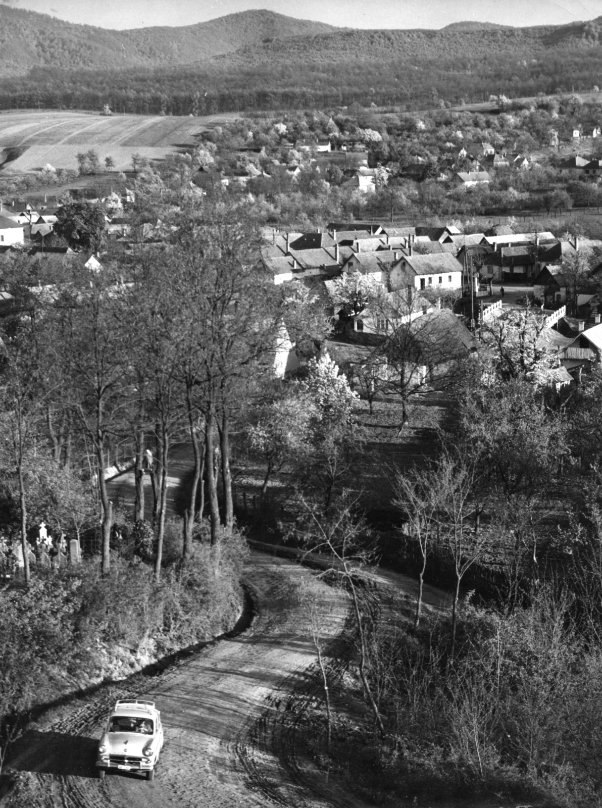 1964, Fortepan, village, dirt road, picture, cemetery, mountain, spring, automobile, Fortepan #57608