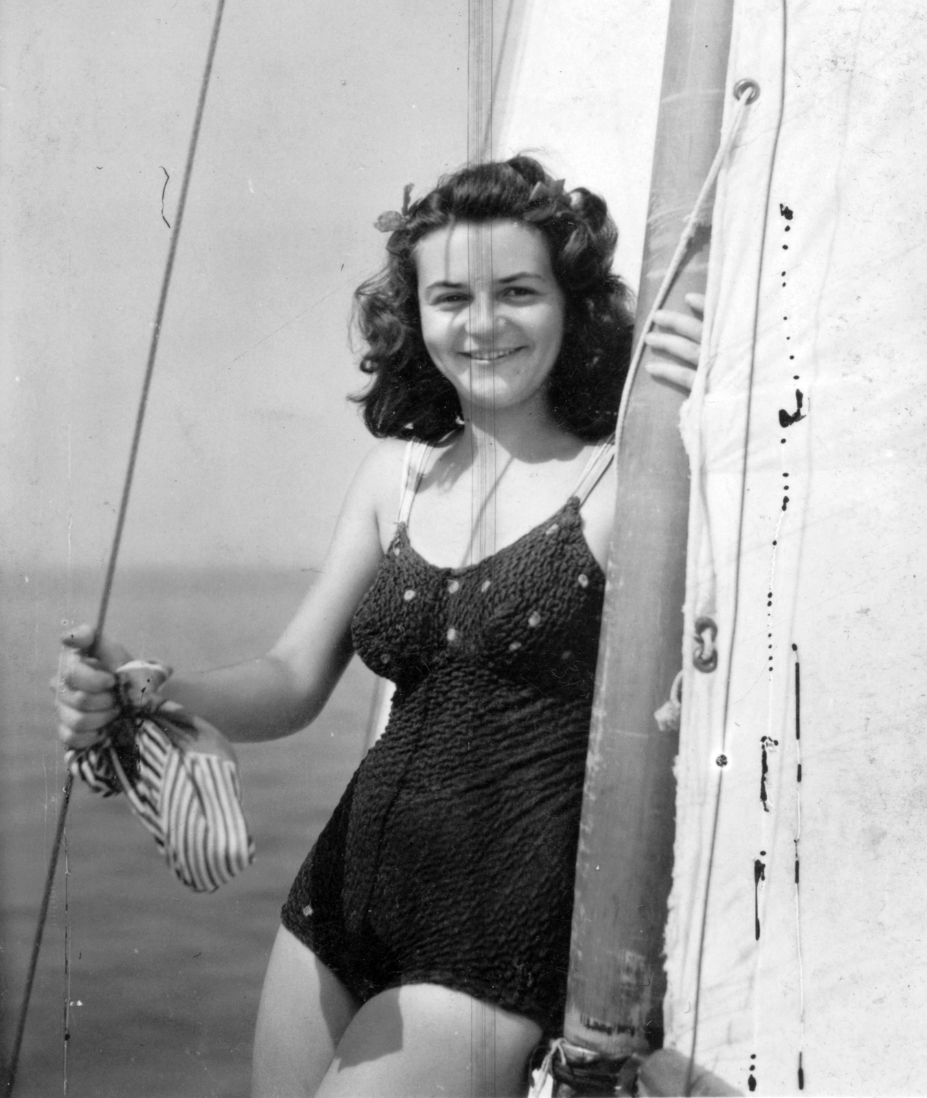 1941, Botár Angéla, bathing suit, fun, lady, sailing, Fortepan #57892