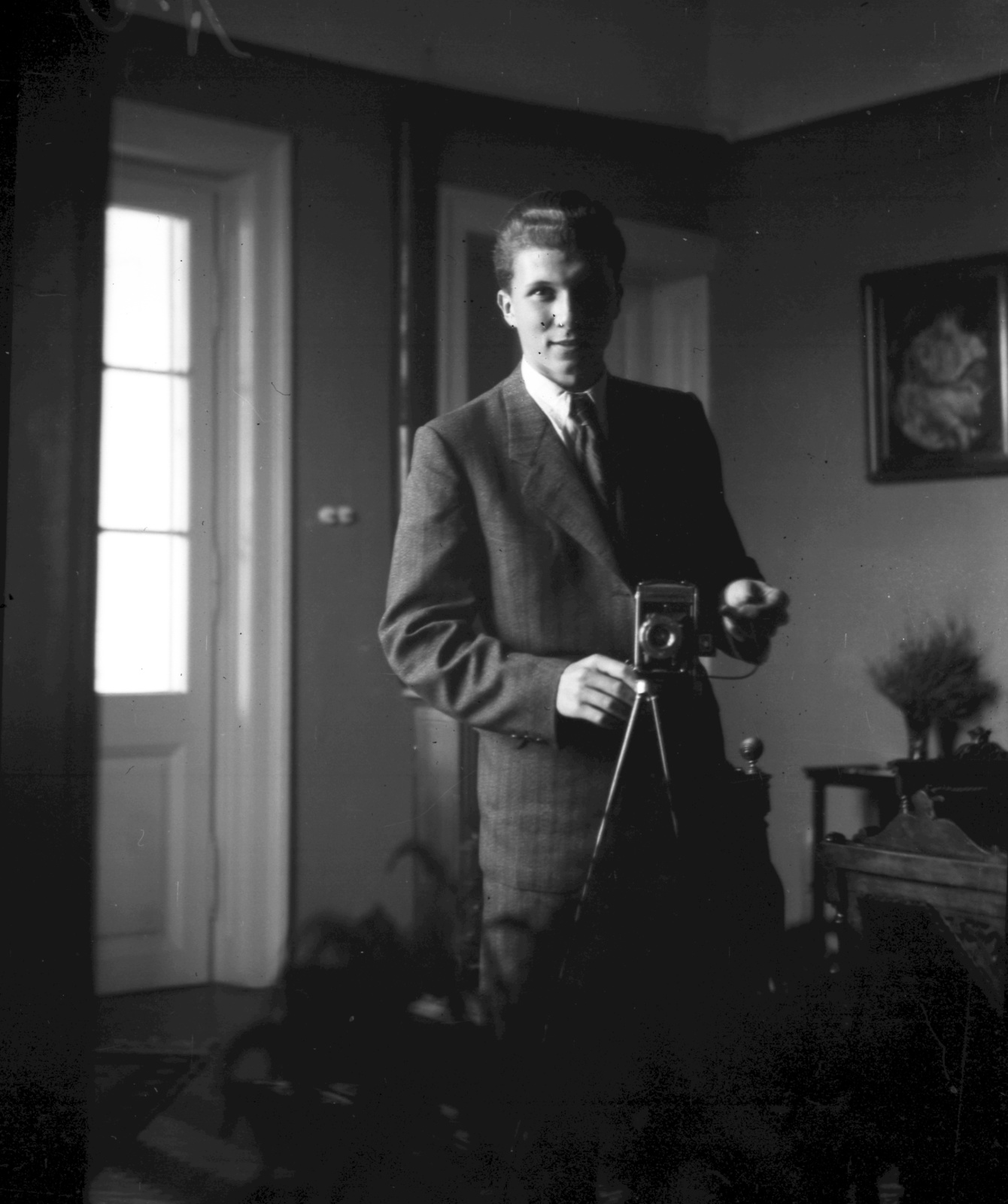 1938, Zsanda Zsolt, portré, fényképezőgép, enteriőr, férfi, fotózás, önarckép, selfie, tükör, Fortepan #58736