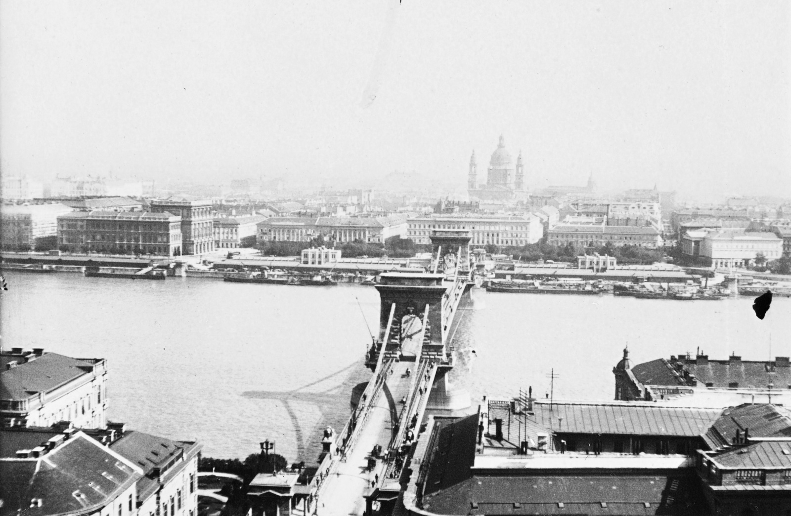 Hungary, Budapest I., kilátás a budai Várból a Clark Ádám (Lánchíd) tér, a Széchenyi Lánchíd és a Bazilika felé., 1901, Lajtai László, ship, church, bridge, basilica, picture, Danube, Budapest, suspension bridge, William Tierney Clark-design, Fortepan #59734