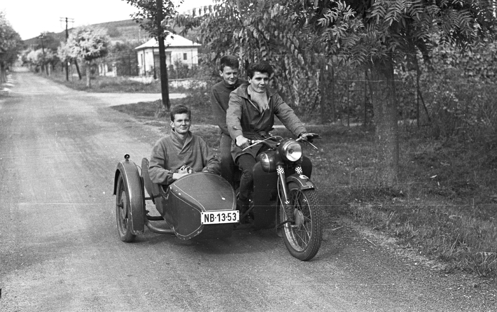 1961, Lencse Zoltán, tableau, men, street view, motorcycle with sidecar, boy, number plate, Jawa-brand, Fortepan #60936