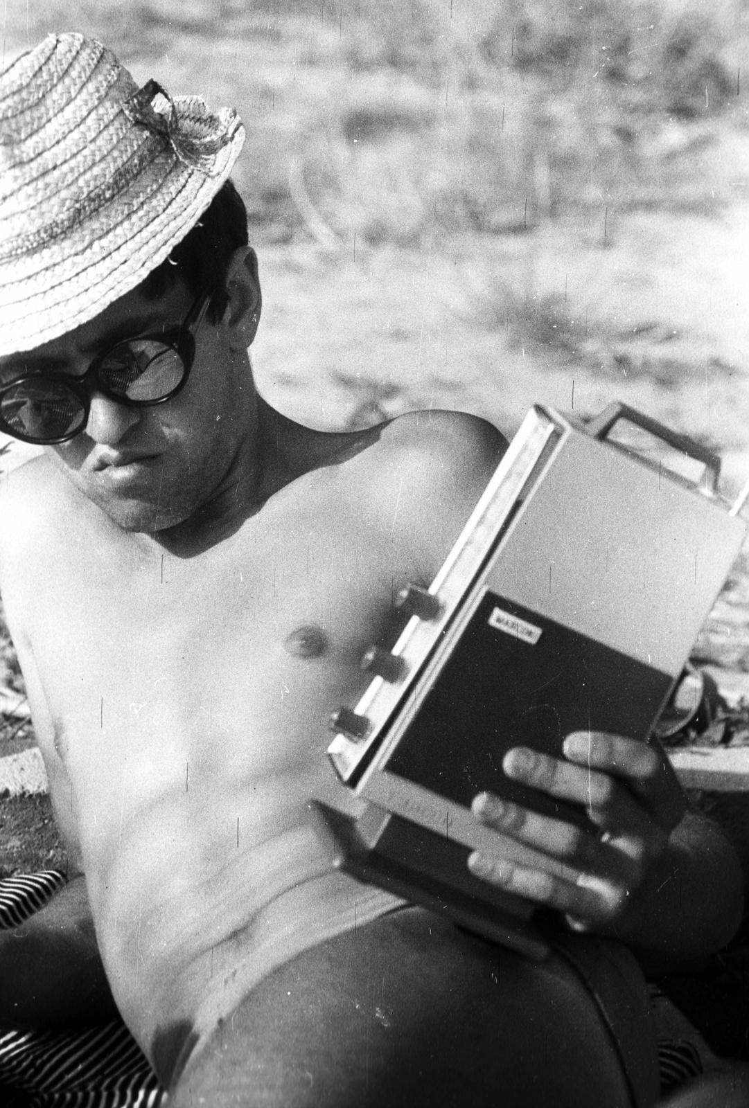 1961, Lencse Zoltán, portrait, free time, bathing suit, sunbathe, summer, shades, straw hat, man, portable radio, Fortepan #60978