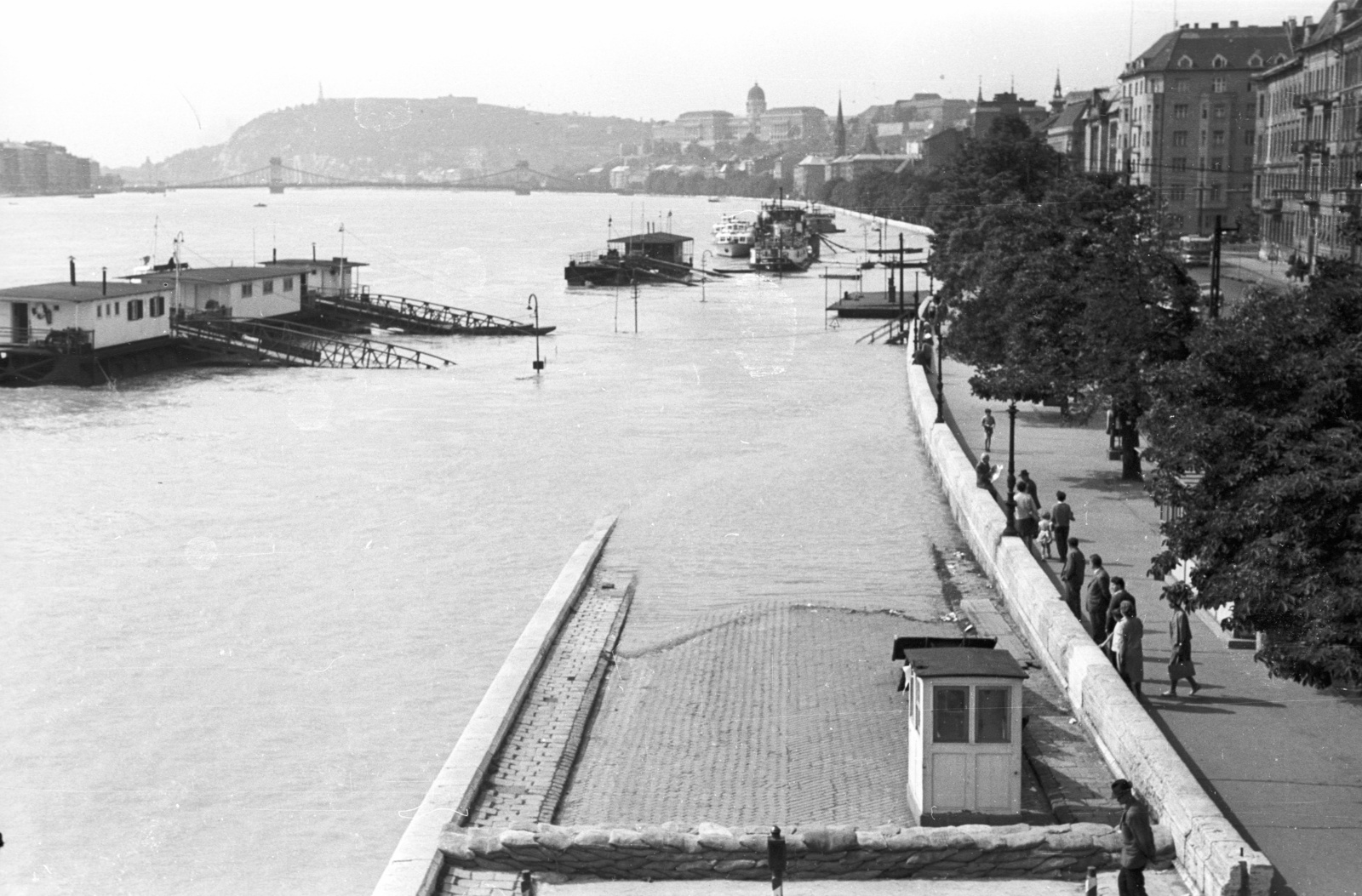 Hungary, Budapest II., a budai alsó rakpart és a Bem rakpart a Margit híd felől az 1965-ös árvíz idején., 1965, Lencse Zoltán, flood, Budapest, Fortepan #61027
