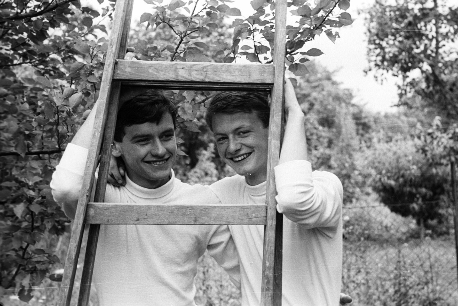 1966, Lencse Zoltán, smile, ladder, friendship, arms around shoulders, Fortepan #61050