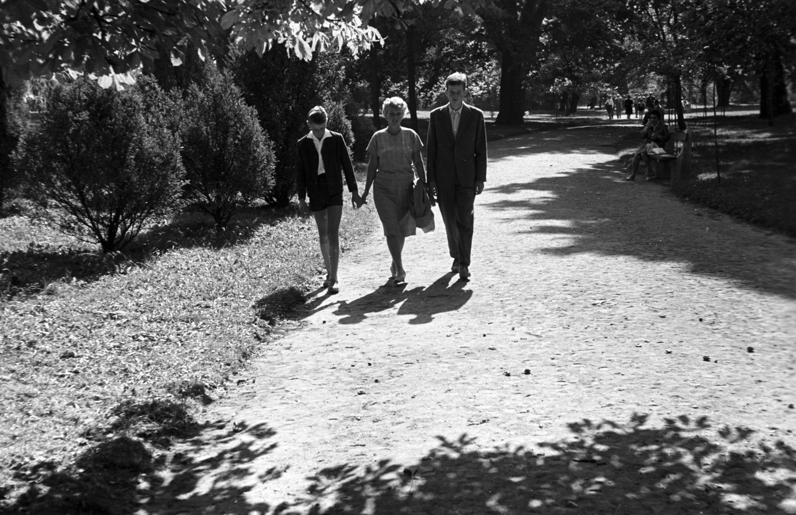 Hungary, Margit Islands, Budapest, 1962, Lencse Zoltán, walk, height chart, three people, Fortepan #61186