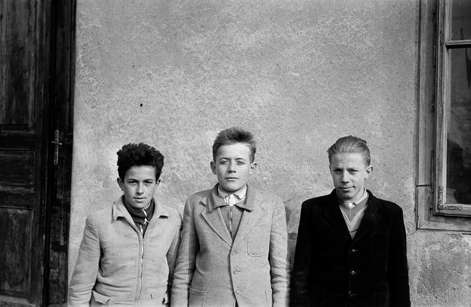 1959, Lipovits Károly, portré, fiúk, hajviselet, hárman, Fortepan #61714