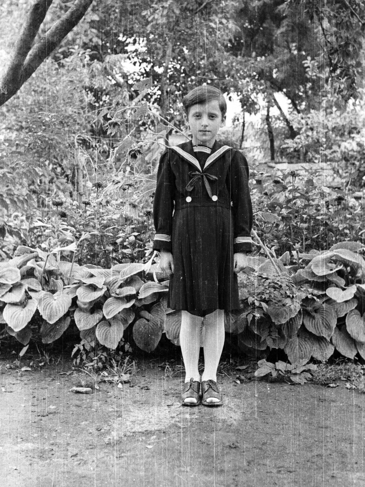 1955, Lipovits Károly, portrait, garden, kid, sailor blouse, skirt, boy, Fortepan #61899