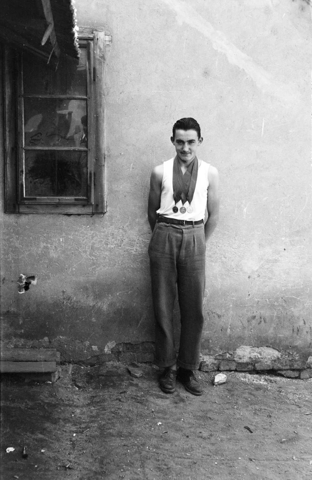 Hungary, Csorna, 1958, Lipovits Károly, portrait, sportsperson, medal, hands behind the back, Fortepan #61959