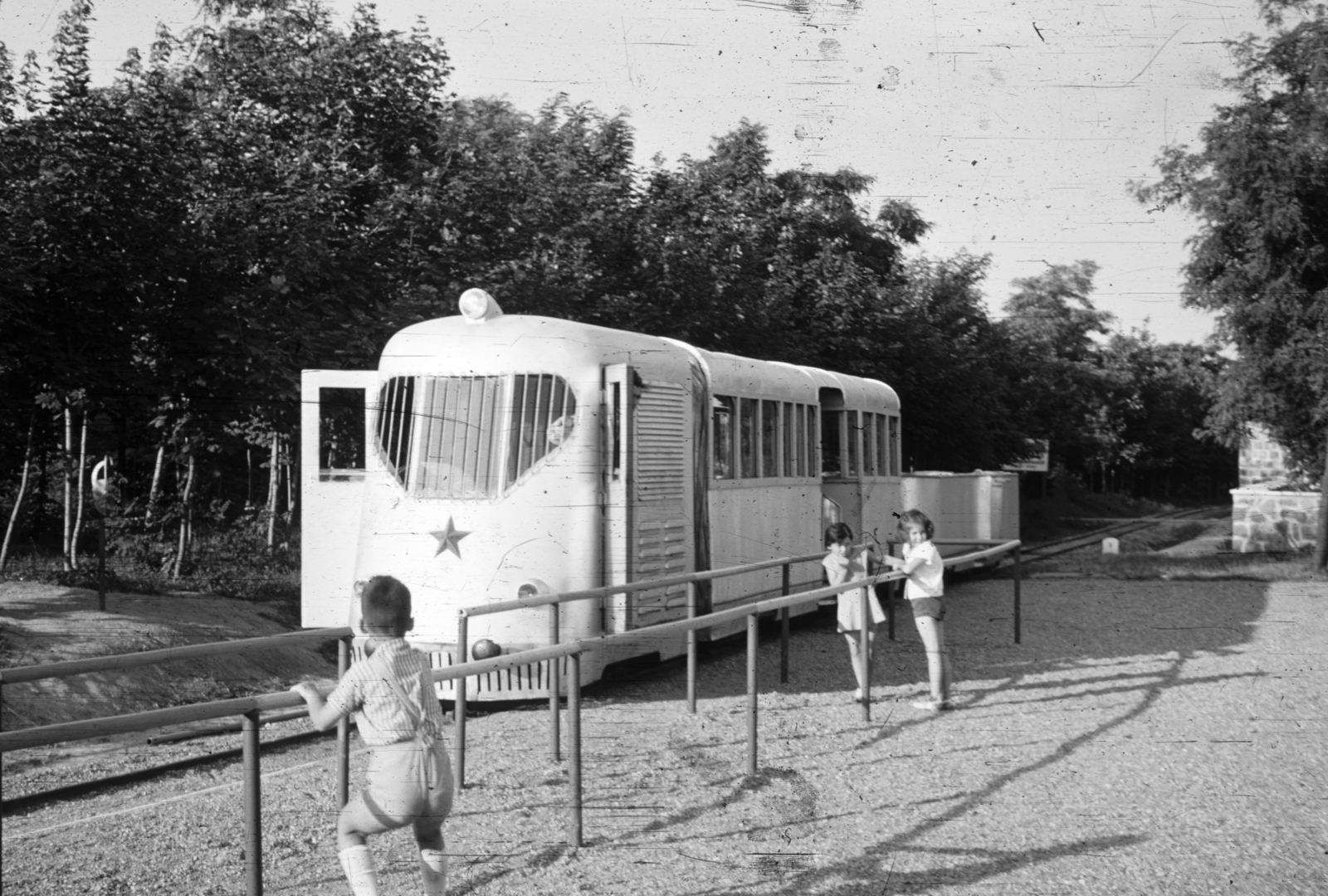 Hungary, Dunaújváros, (Sztálinváros), az Úttörővasút Szabolcs motorkocsija (Bamot 802), 1961, A R, railway, railing, kids, Children's railway, Fortepan #61993
