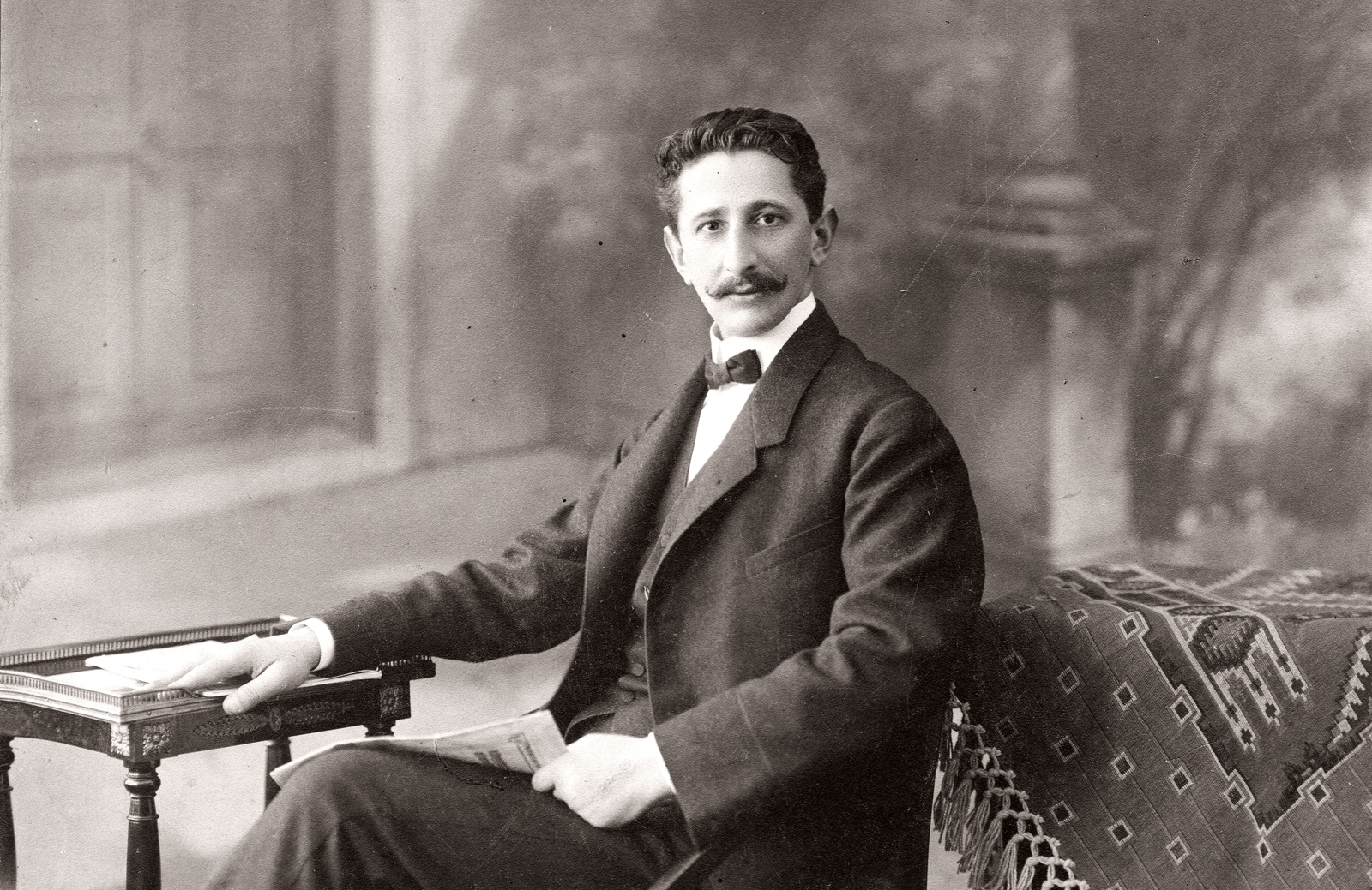 1915, A R, portrait, moustache, studio, man, bow tie, leg over leg, Fortepan #62095