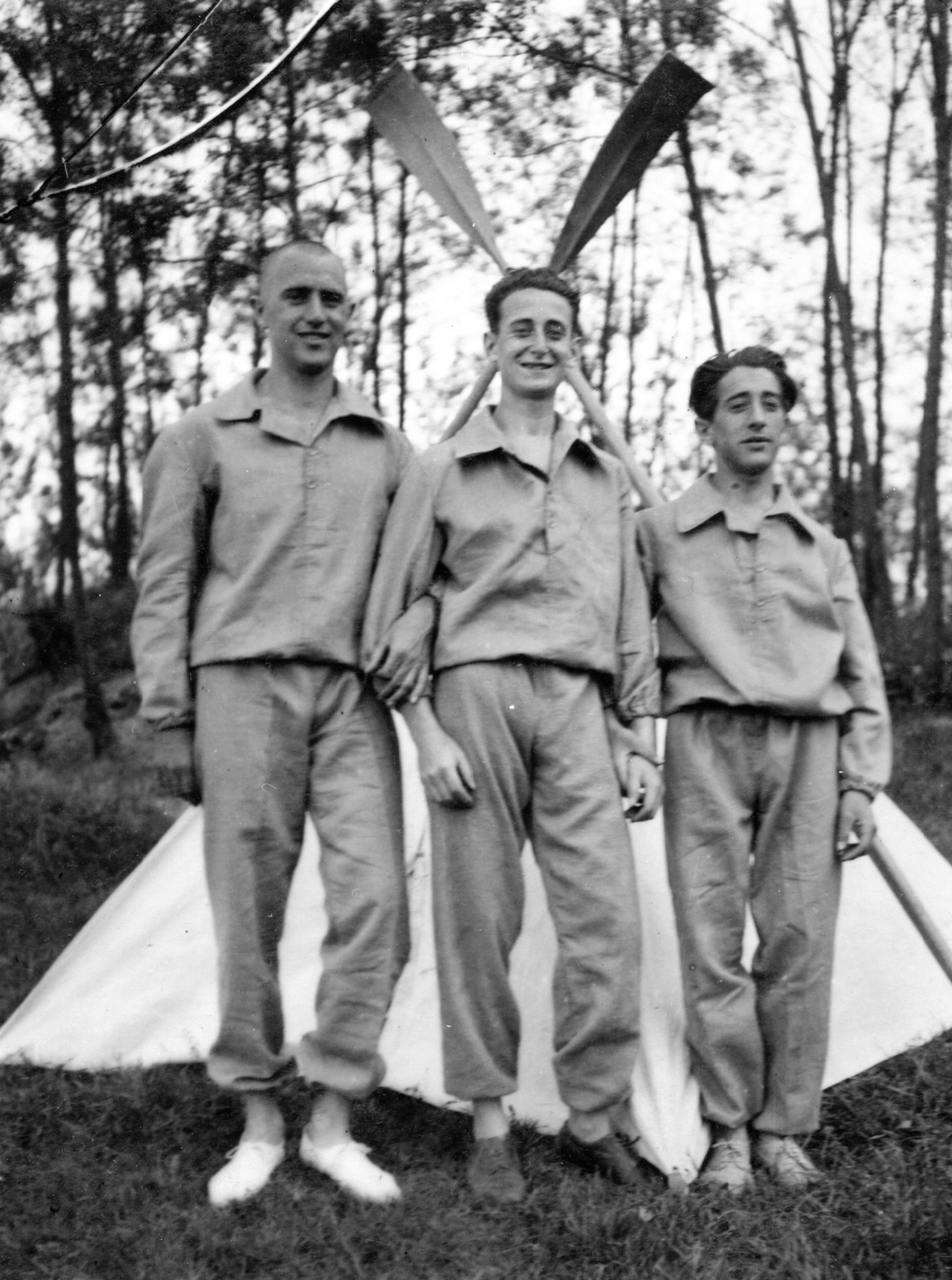 1932, A R, tableau, men, tent, paddle, sweater, Fortepan #62182