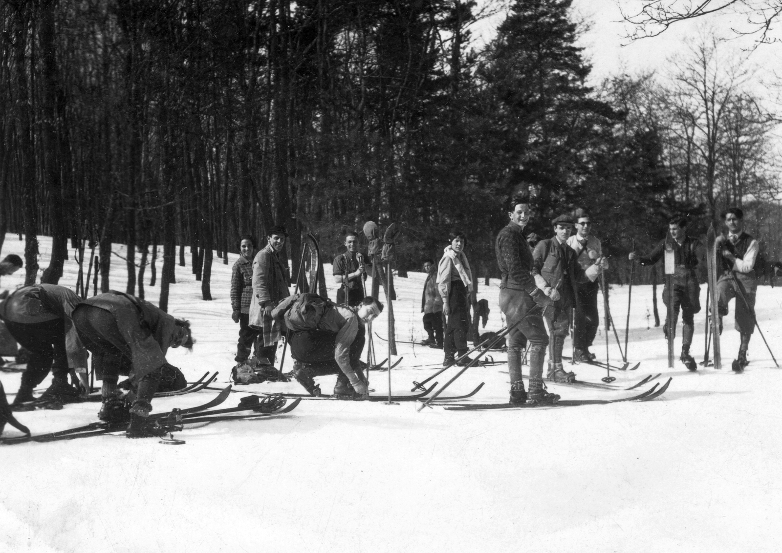 1934, A R, winter, snow, tableau, skis, skiing, ski pole, pine, Fortepan #62259