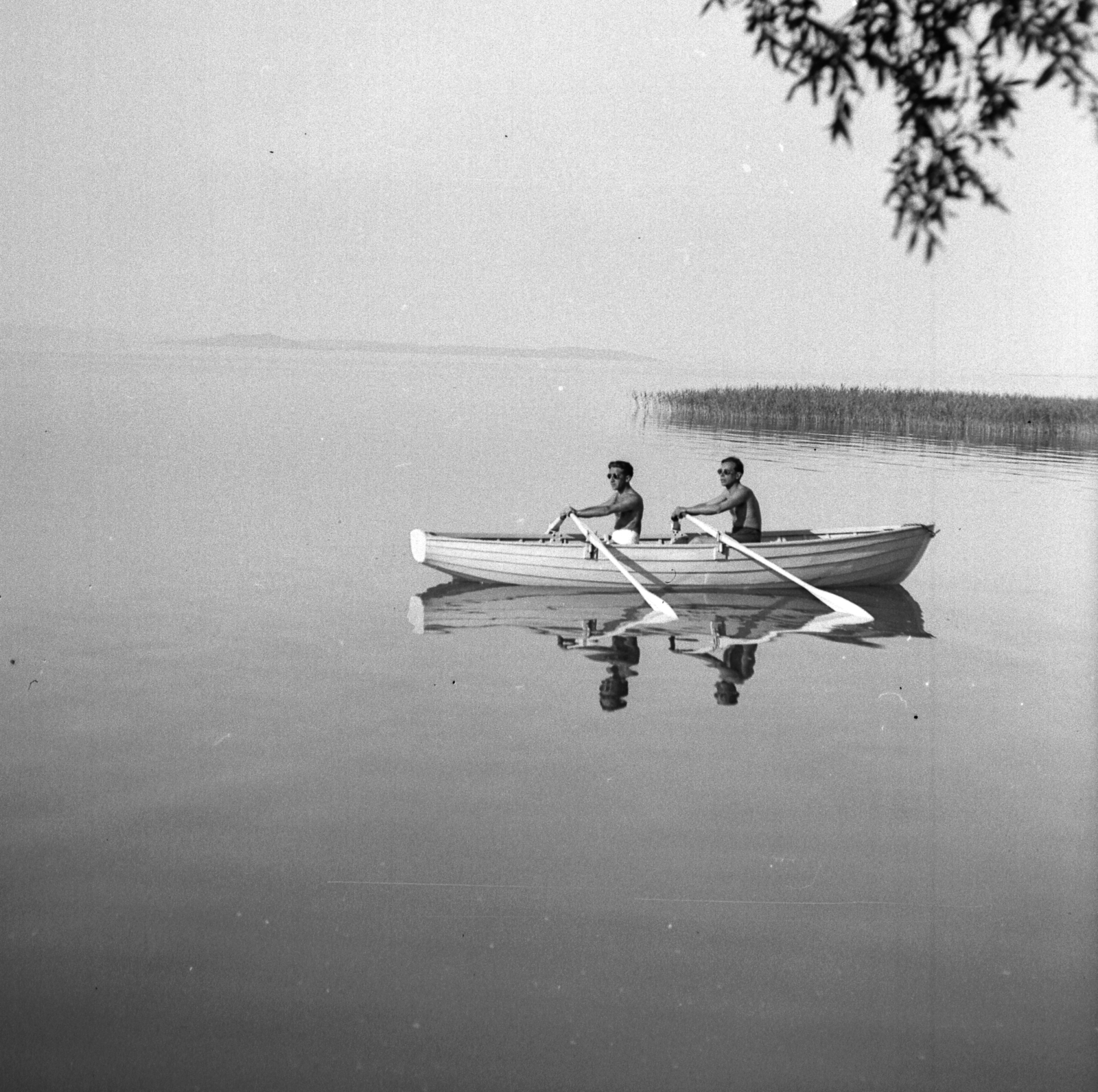 Hungary,Lake Balaton, háttérben a Tihanyi-félsziget., 1938, A R, boating, summer, boat, paddling, paddle, Fortepan #62462