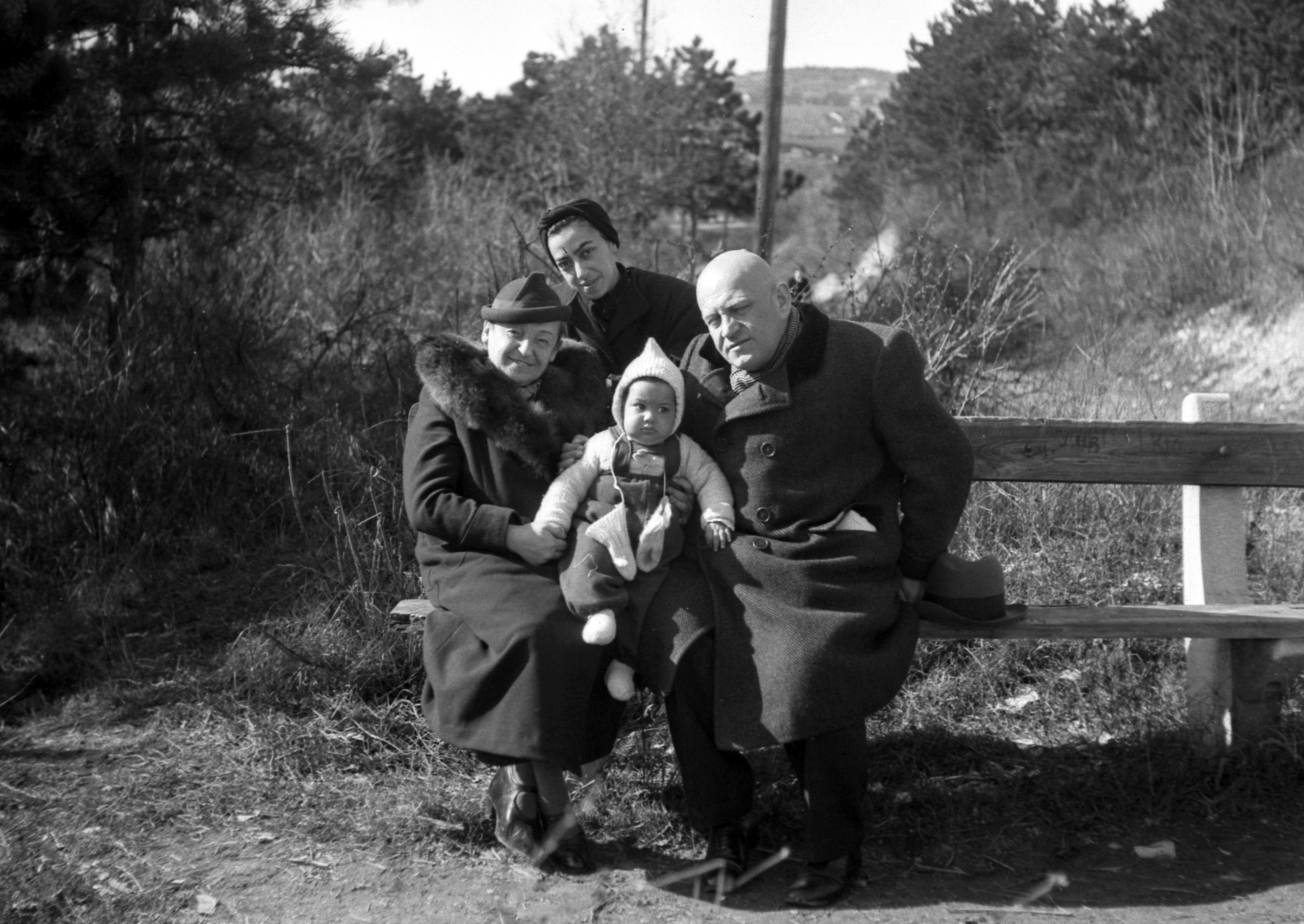 Hungary, Budapest III., Mátyáshegyi út, a Szépvölgyön túl a háttérben a Ferenc-hegy látszik., 1939, A R, family, grandparent, gloves, bench, kid, winter coat, fur, Budapest, hat on a bench, Fortepan #62480