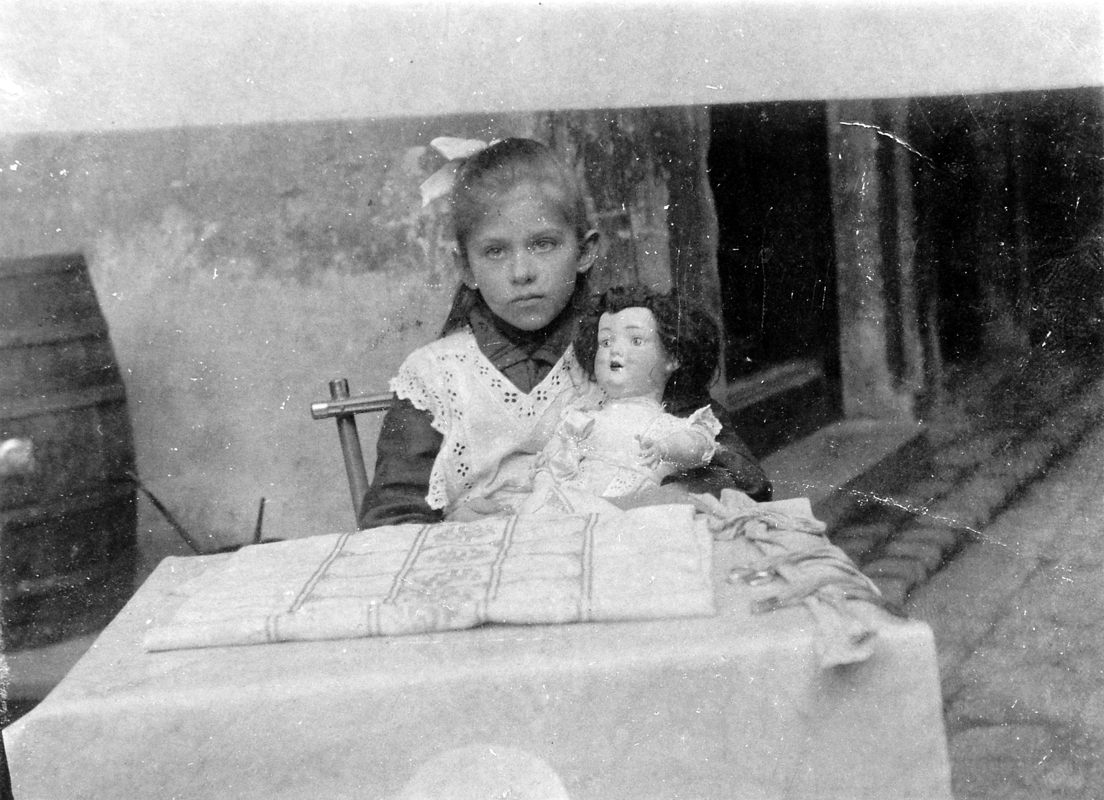 1929, Fortepan, portrait, yard, doll, barrel, ribbon, girl, kid, toy doll, Fortepan #6274