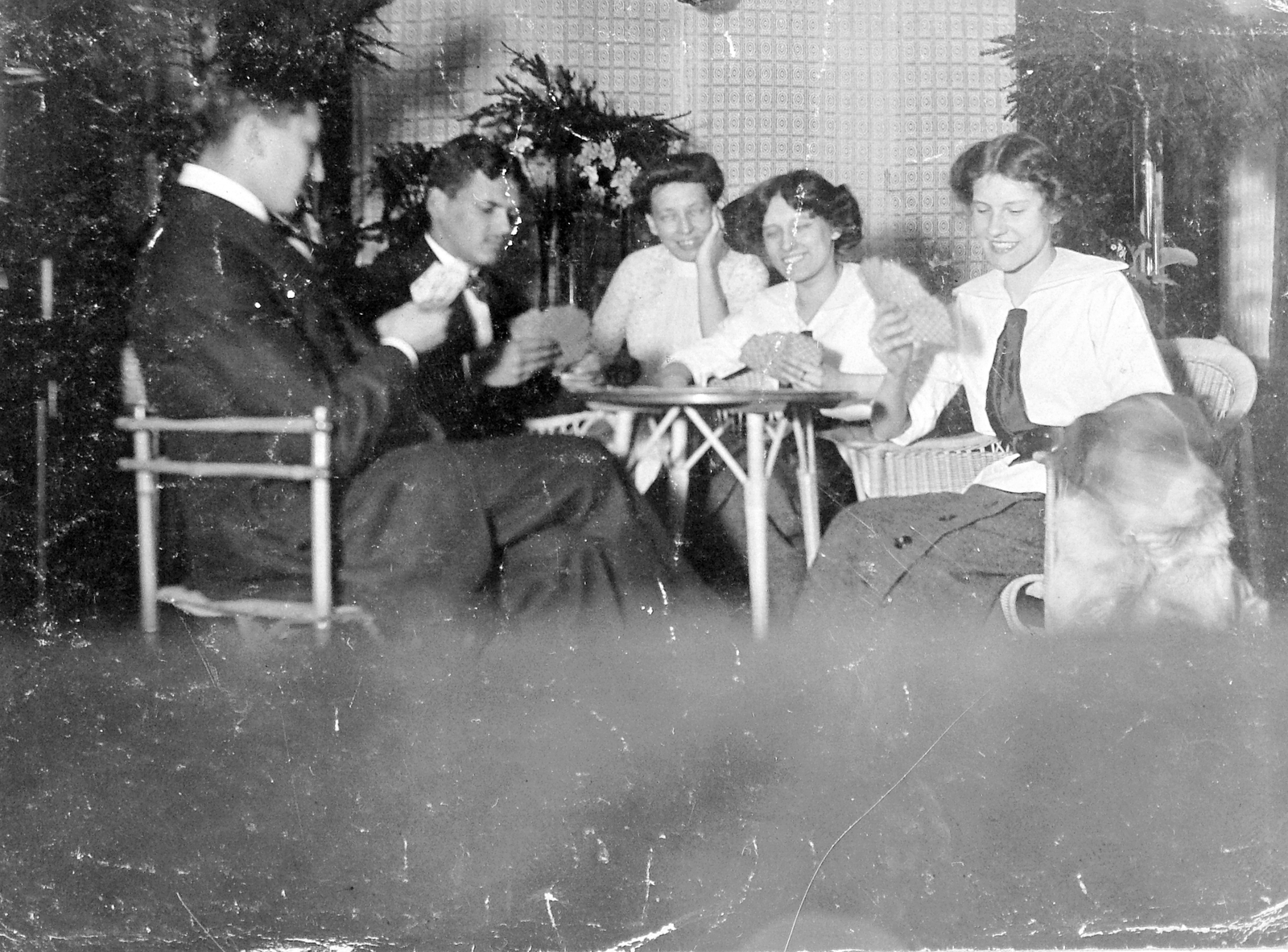 1917, Fortepan, free time, fun, dog, wicker chair, women, men, terrace, card game, fun, garden furniture, Fortepan #6332