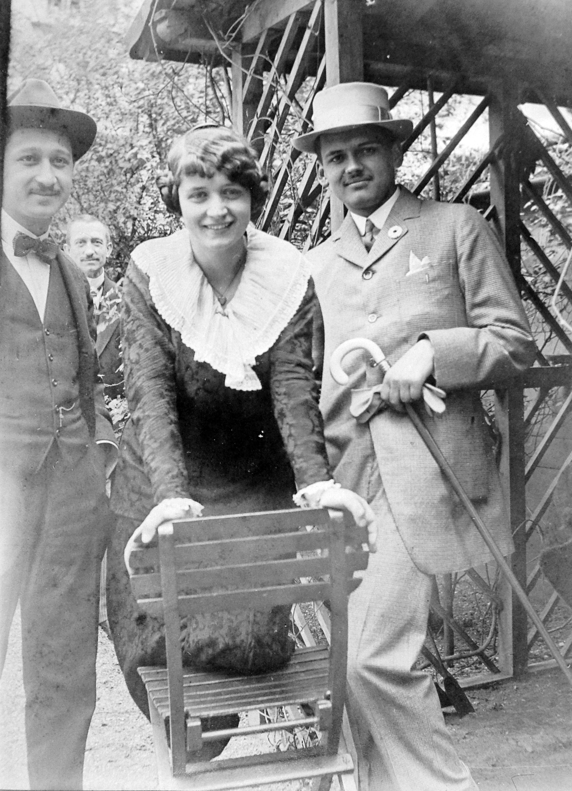 1918, Fortepan, hat, garden, men, woman, walking cane, garden furniture, lace collar, Fortepan #6348