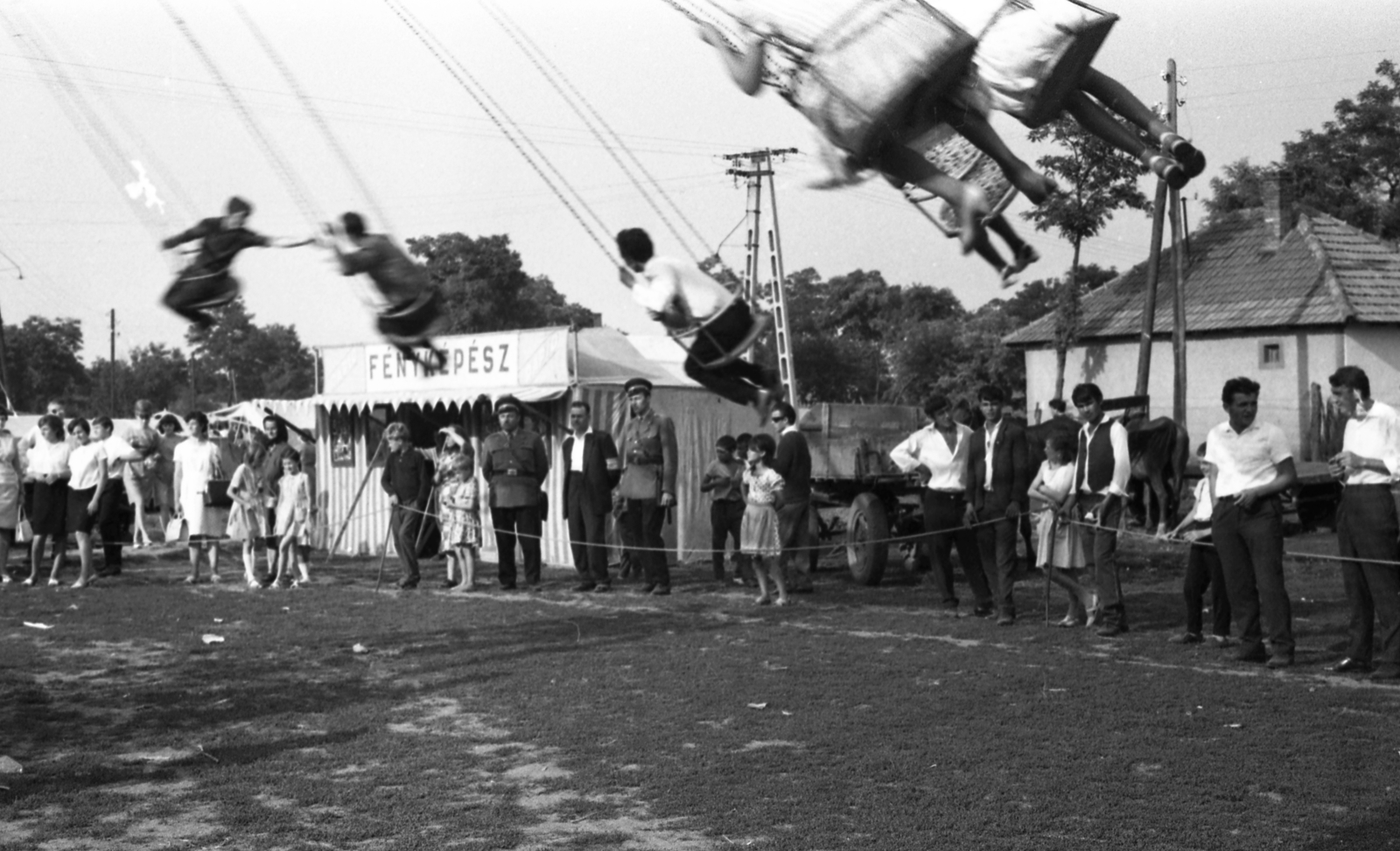 Hungary, Taktaharkány, búcsú., 1966, Magyar Rendőr, sign-board, genre painting, cop, carousel, photographer, Fortepan #65415