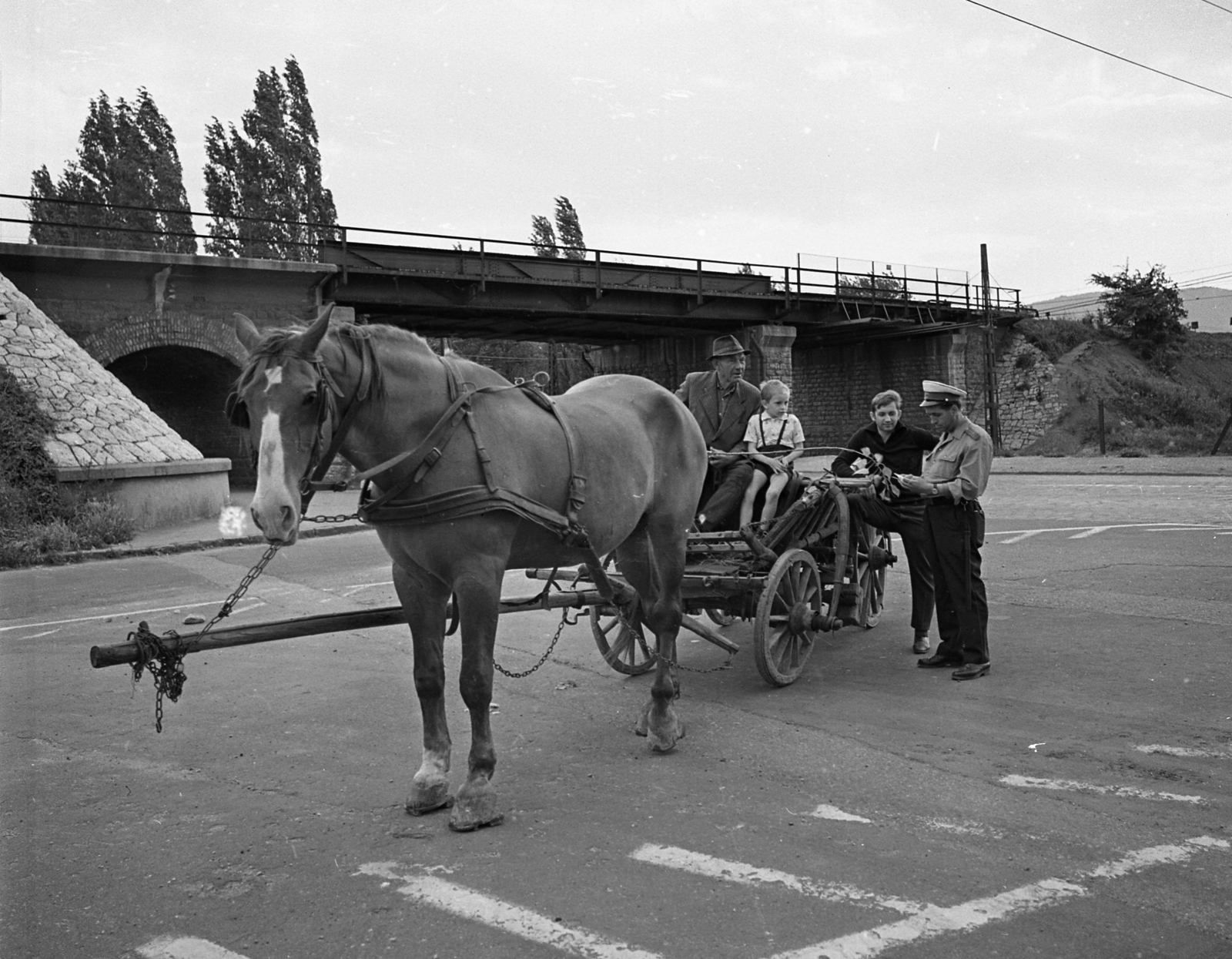 Hungary, Budapest III., Szentendrei út a Pók utcánál., 1972, Magyar Rendőr, horse, chariot, Horse-drawn carriage, cop, Budapest, Fortepan #65908